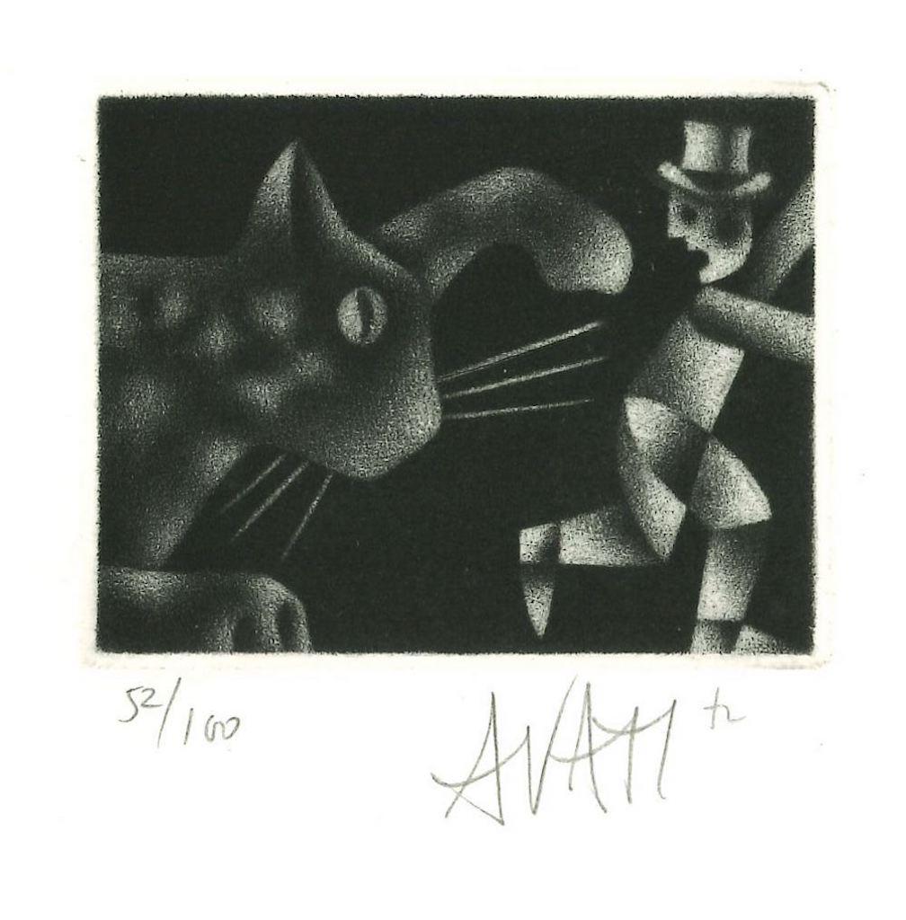 Escaping Man and Cat is original etching on paper, realized by the French artist and print-maker master Mario Avati (1921-2009).

Hand-signed on the lower right and numbered on the lower left in pencil. Edition of 52/100 prints.

In excellent