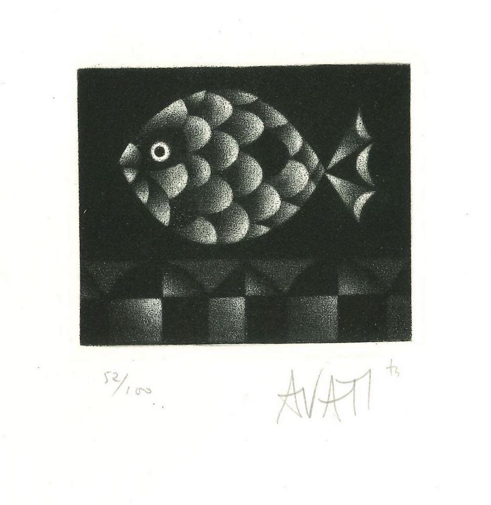 Fish is an etching on paper, realized by the French artist and print-maker master Mario Avati (1921-2009).

Hand-signed on the lower right and numbered on the lower left in pencil. Edition of 52/100 prints.

In excellent conditions. 

The original