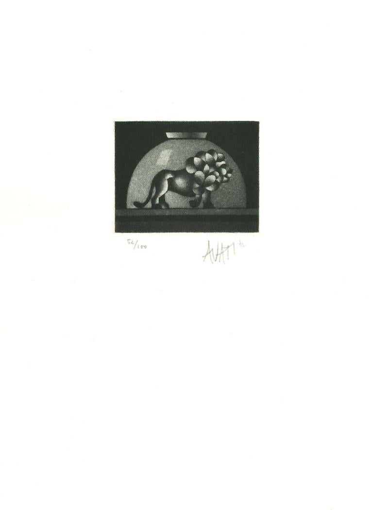 Löwe in Schale – Radierung auf Papier von Mario Avati – 1960er Jahre im Angebot 1