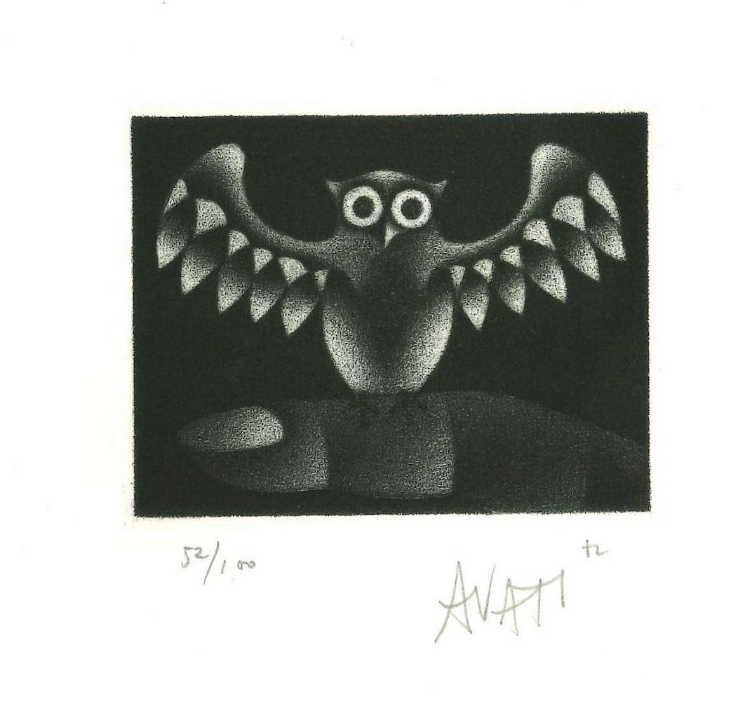 Eule – Radierung auf Papier von Mario Avati – 1960er Jahre
