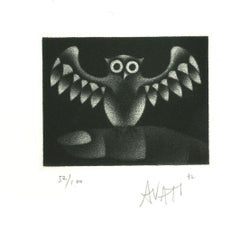 Búho - Aguafuerte sobre papel de Mario Avati - Años 60