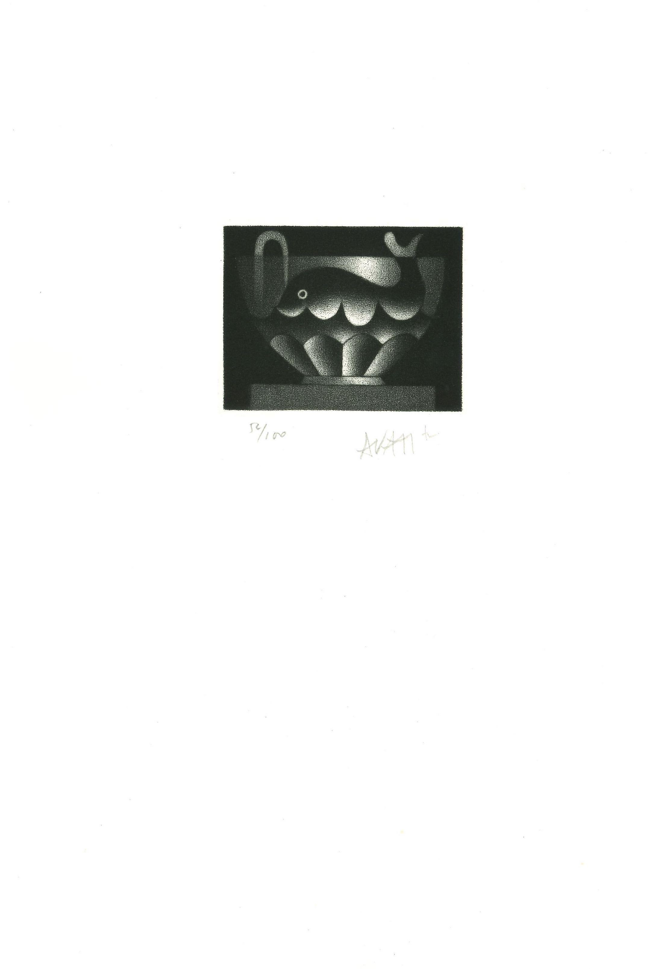 Ballena en la taza - Aguafuerte sobre papel de Mario Avati - Años 70 en venta 1