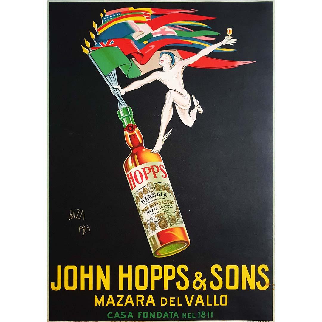 L'affiche originale de Mario Bazzi de 1923 pour l'alcool de Marsala de John Hopps & Sons, Mazara del Vallo - Casa Fondata nel 1811, est un témoignage visuel du riche héritage, du savoir-faire artisanal et du dévouement à la qualité qui définissent
