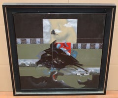 Magpies Surrealist Oil Painting on Canvas, Framed, Circa 1976
