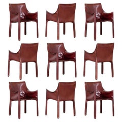 Mario Bellini 413 Cab Dining Chairs in Ruby Leather for Cassina, Set of 9, Italy