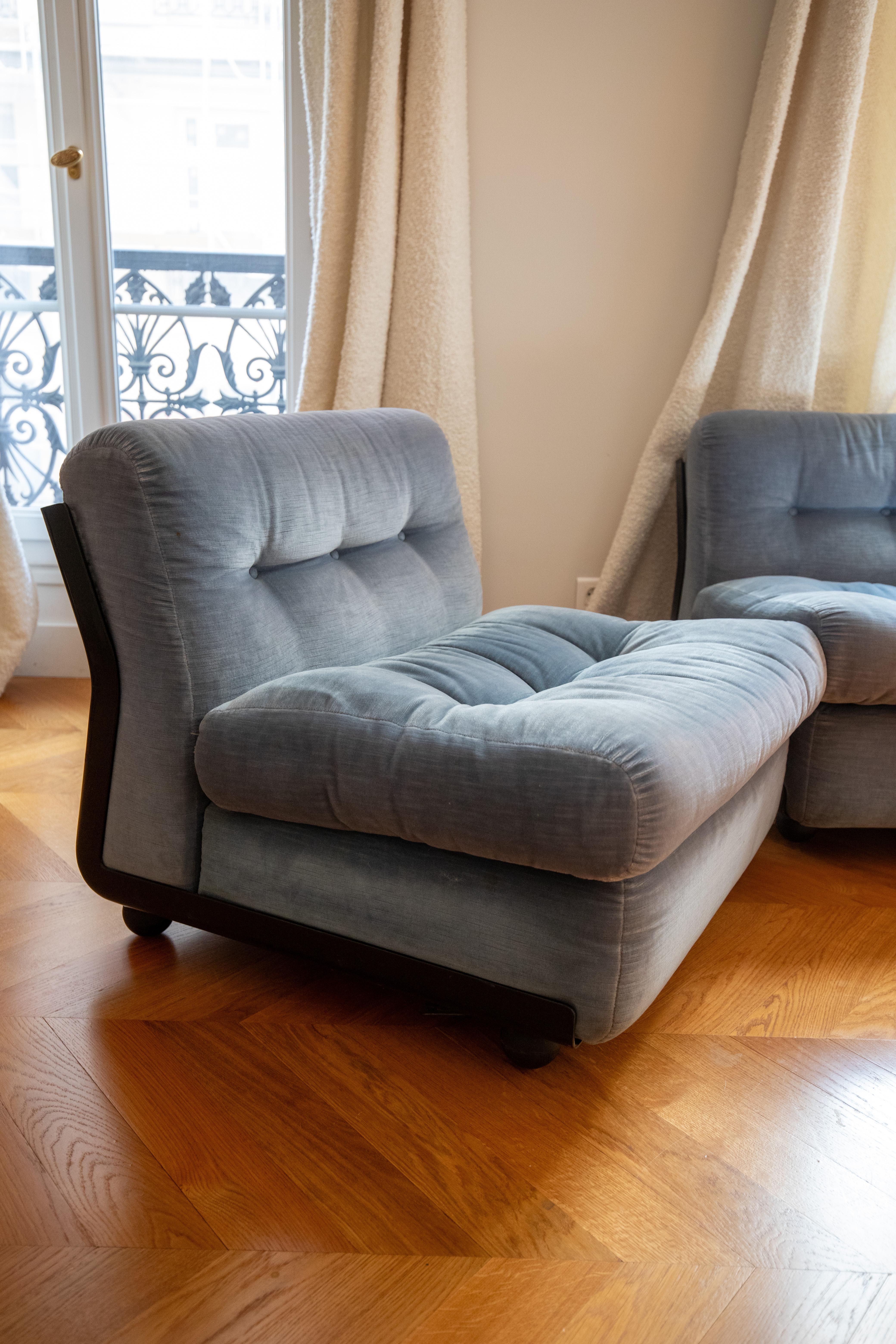 Beautiful pristine set of Amanta chairs- soft original soft blue velvet in great condition.  Black back. It has original marking C& B Italia