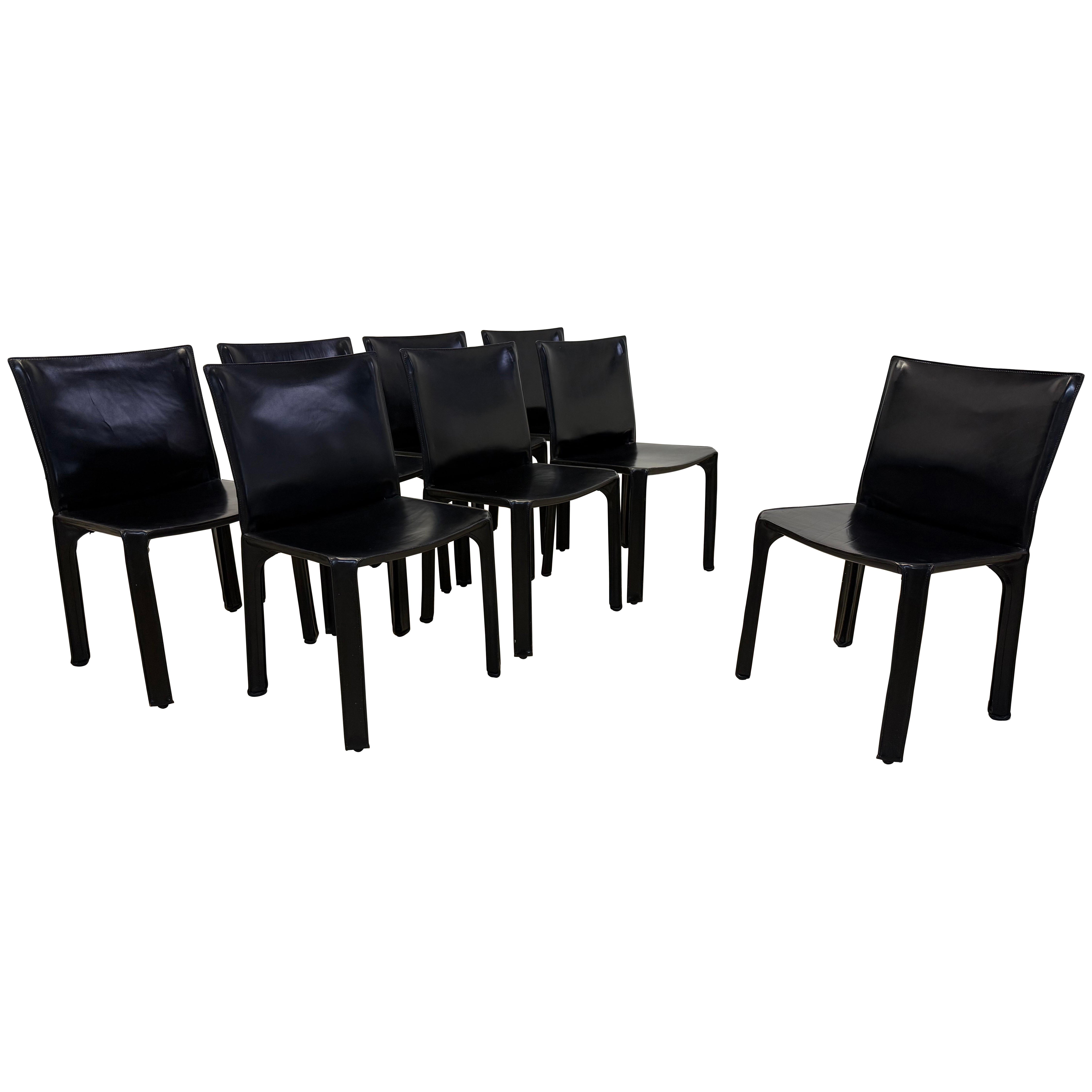 Mario Bellini Sillas de Comedor Cab 413 de Cuero Negro para Cassina, Juego de Ocho en venta