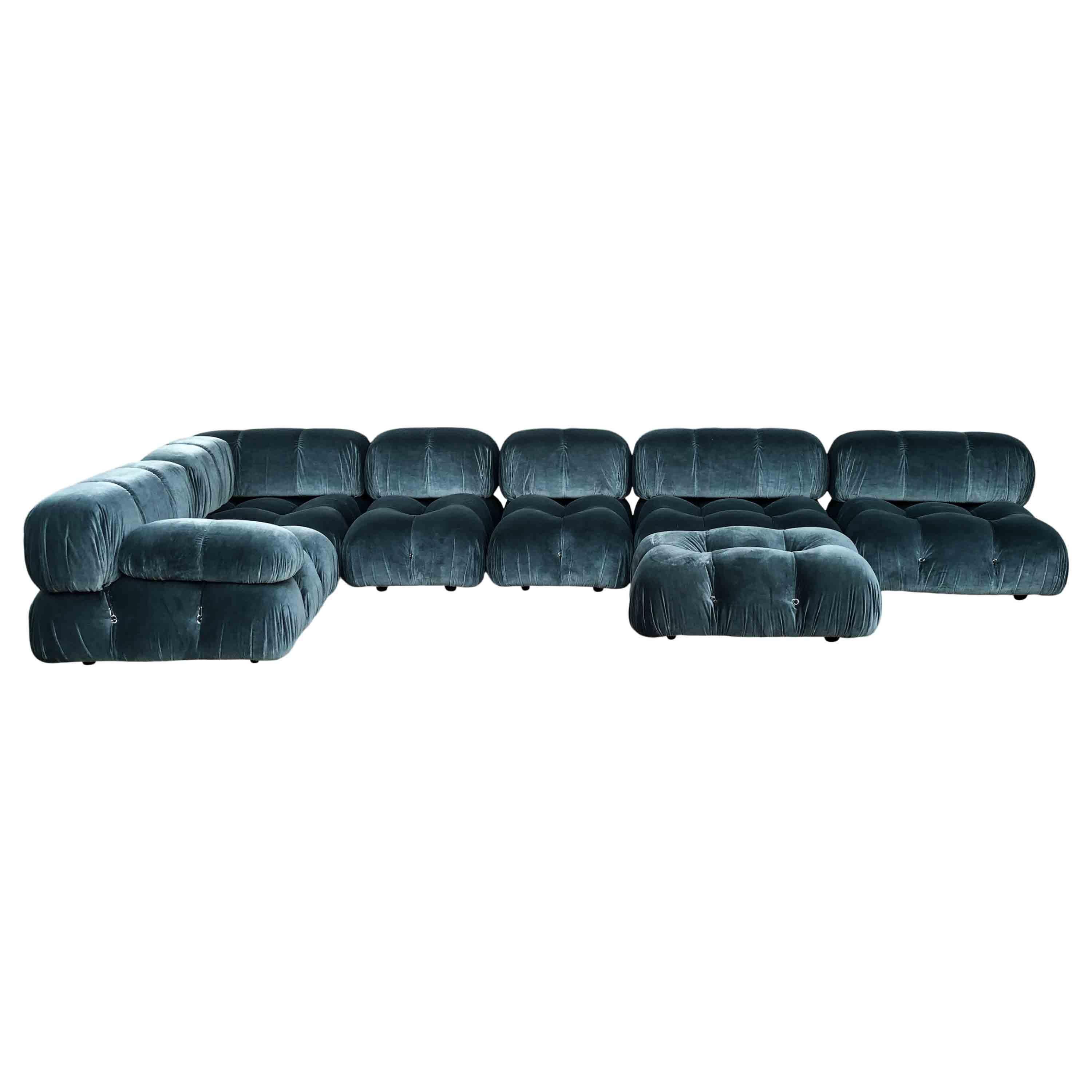 Space Age Mario Bellini Blue Cotton Velvet Camaleonda Sofa for B&B Italia, 1972, Set Of 7 For Sale