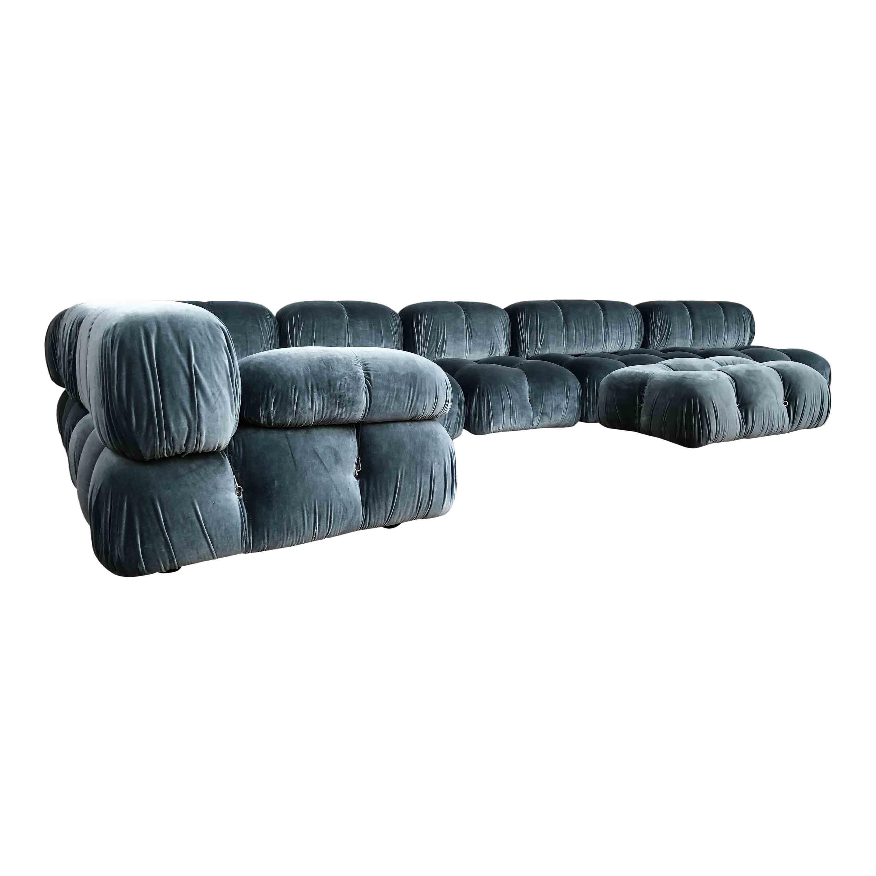 Italian Mario Bellini Blue Cotton Velvet Camaleonda Sofa for B&B Italia, 1972, Set Of 7 For Sale