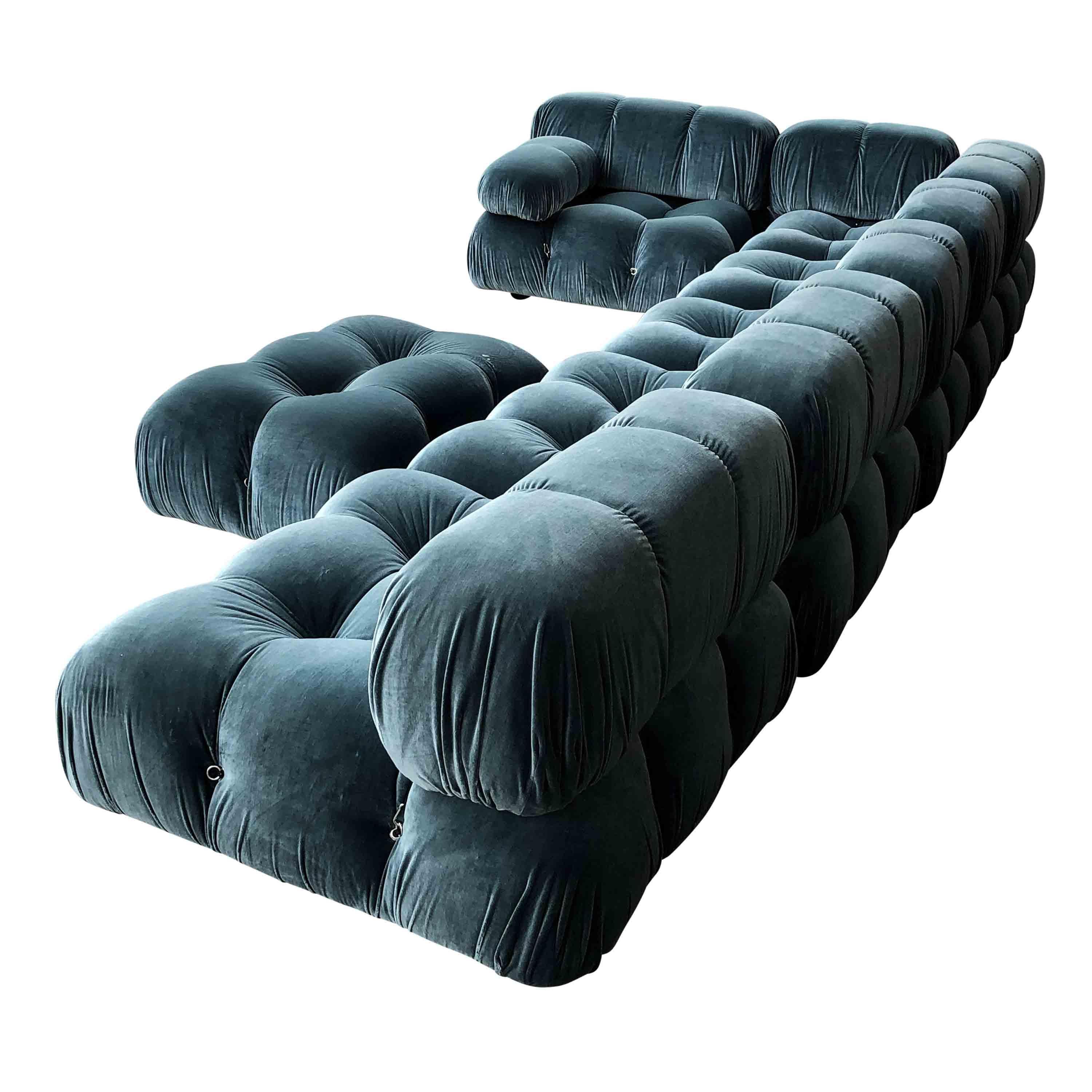 Mario Bellini Blue Cotton Velvet Camaleonda Sofa for B&B Italia, 1972, Set Of 7 In Good Condition For Sale In Vicenza, IT