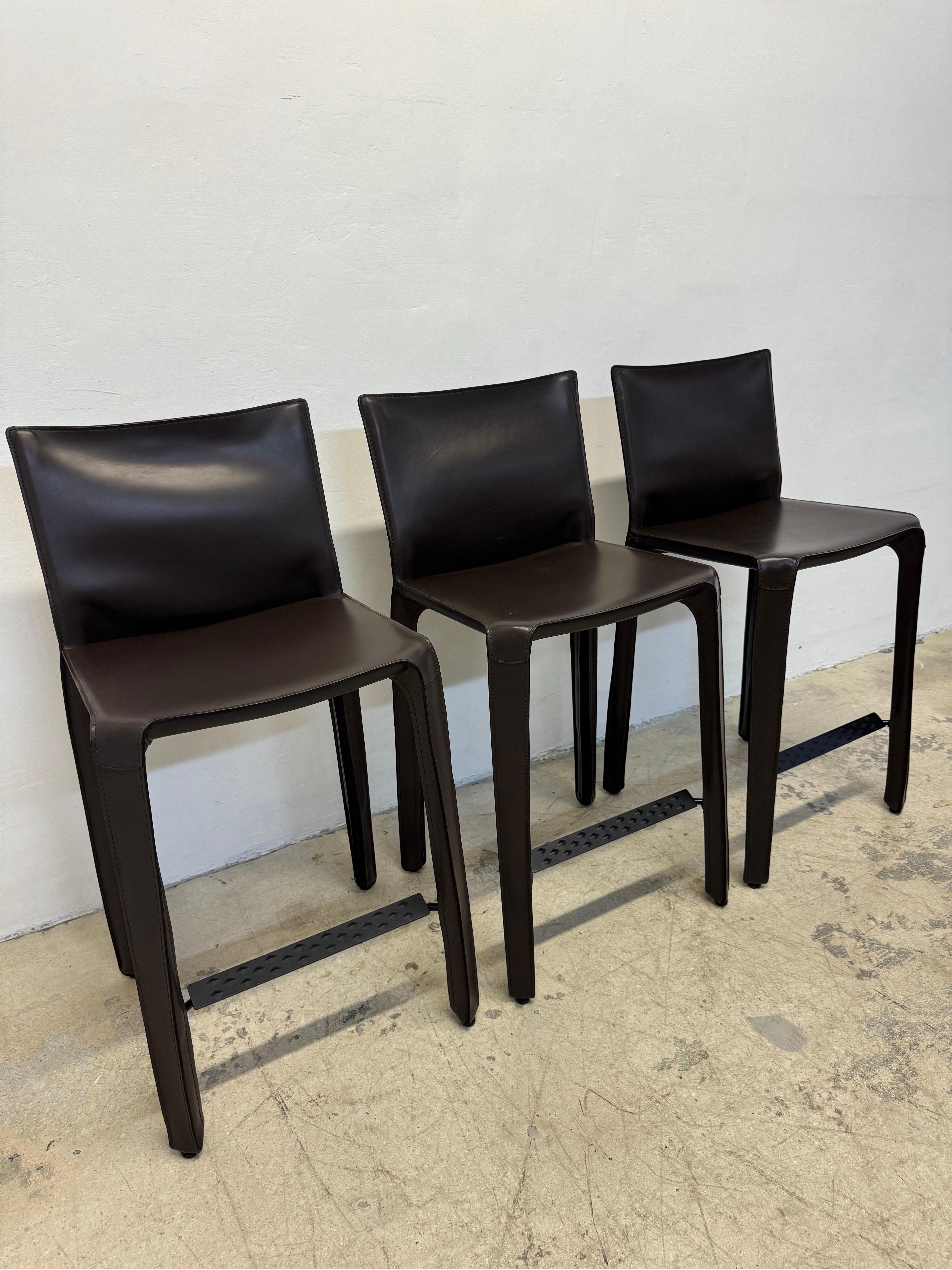 Mid-Century Modern Mario Bellini Brown Leather Cab Stools for Cassina - Set of Three