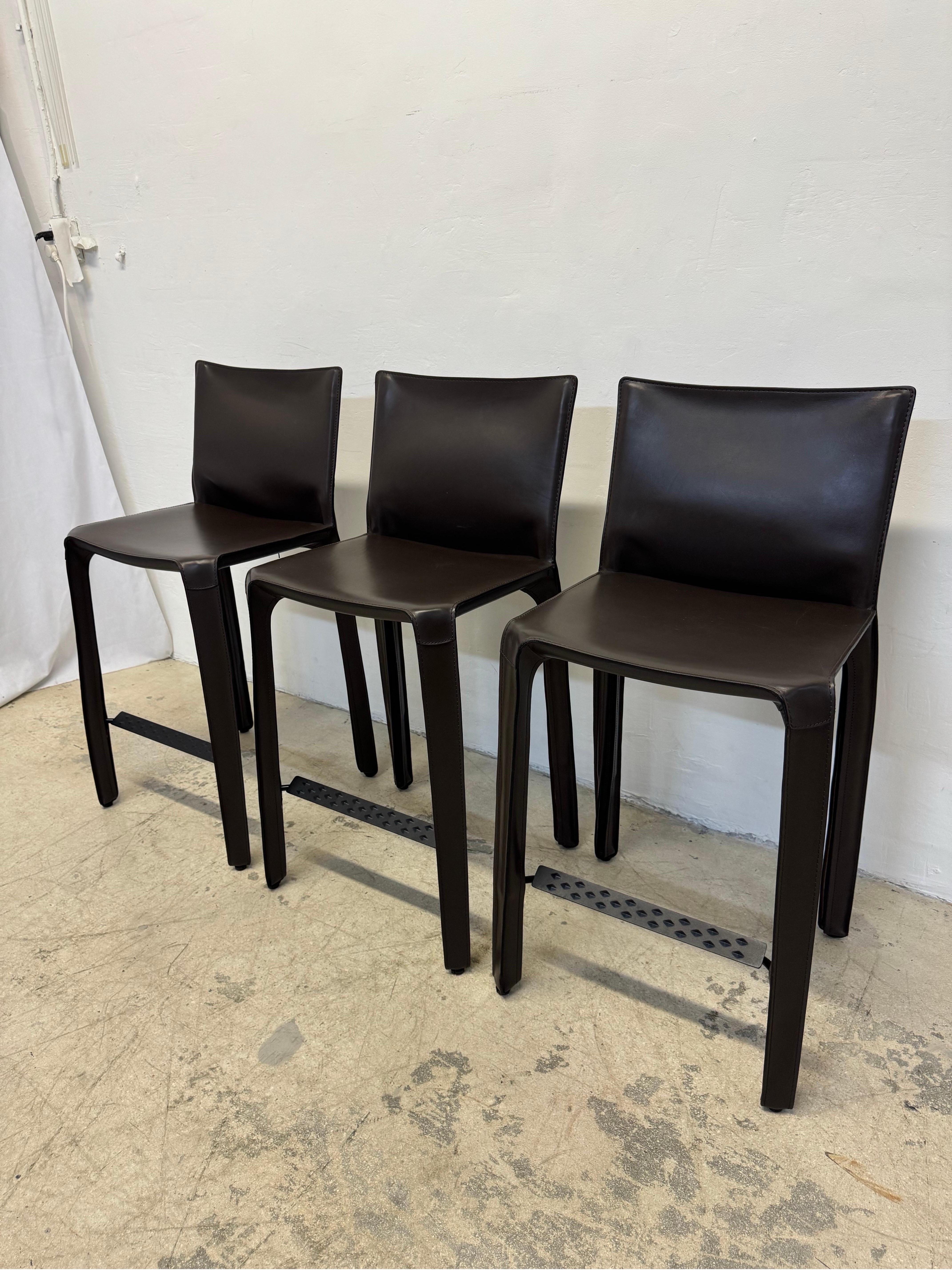 Italian Mario Bellini Brown Leather Cab Stools for Cassina - Set of Three