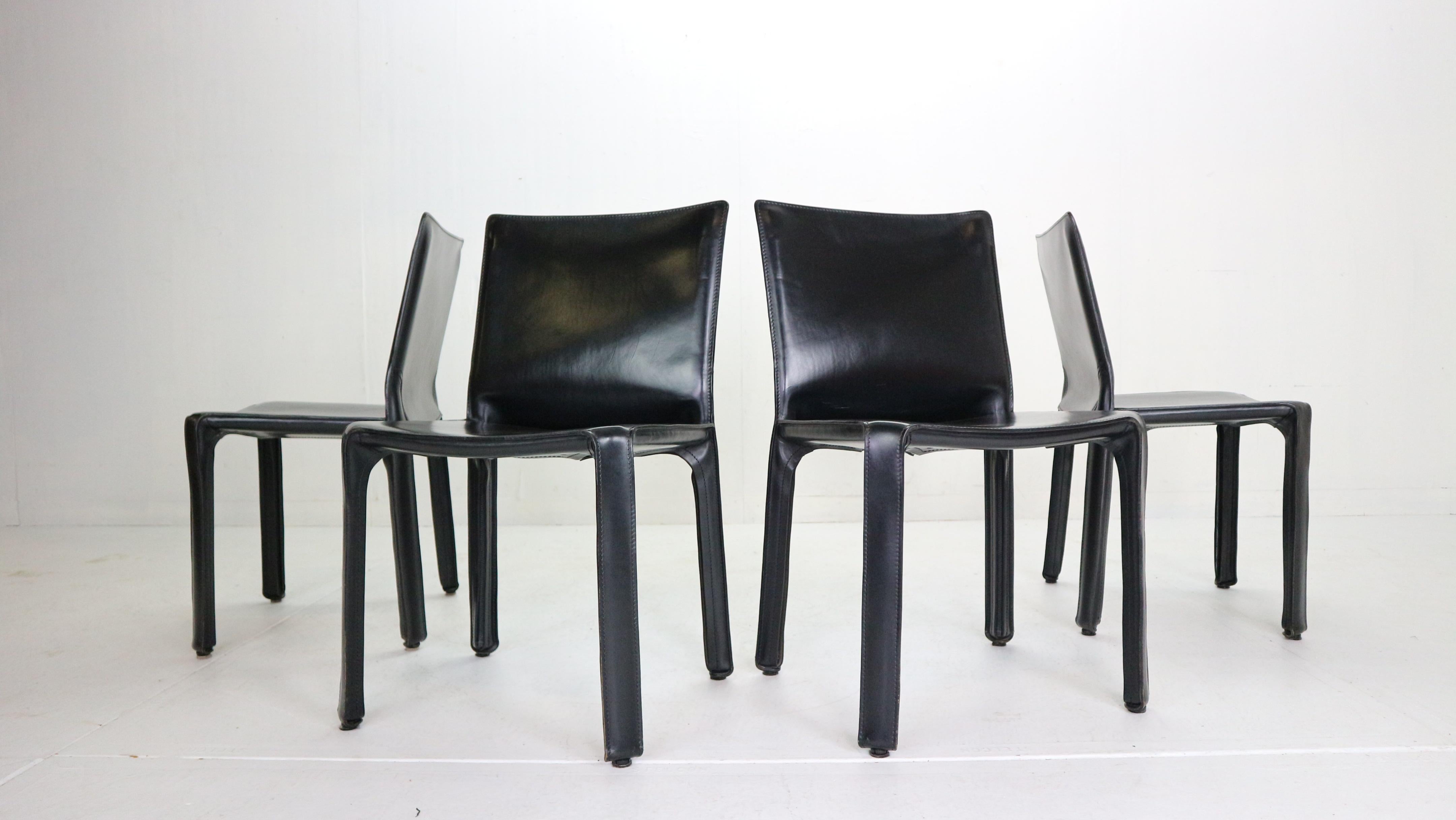 Set of 4 dining room chairs designed by Mario Bellini and manufactured by high quality design furniture fabric- Cassina in 1970s period, Italy.
Model- Cab 412. All chairs are marked and in a very good vintage condition.
Cab chairs consists of a