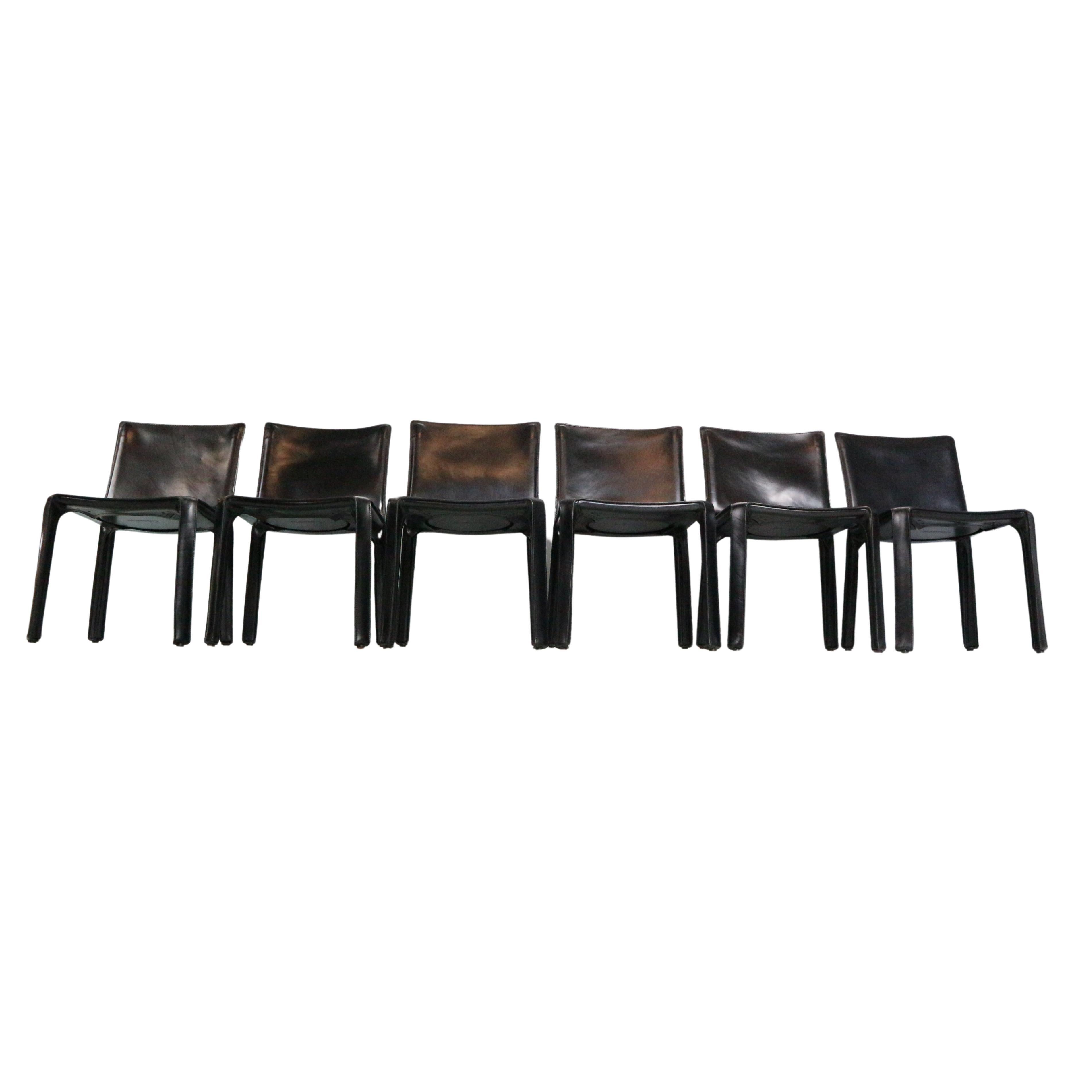 Mario Bellini "Cab-412" Set of 6 Black Leather Chairs for Cassina, 1970