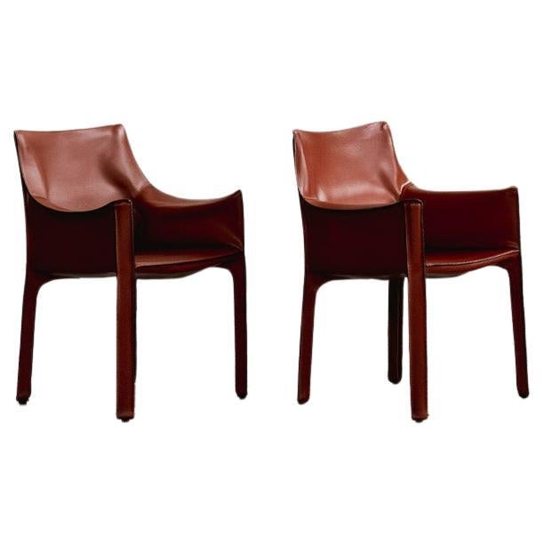 Mario Bellini “CAB 413” Chairs for Cassina, China Red Leather, 1977, Set of 2