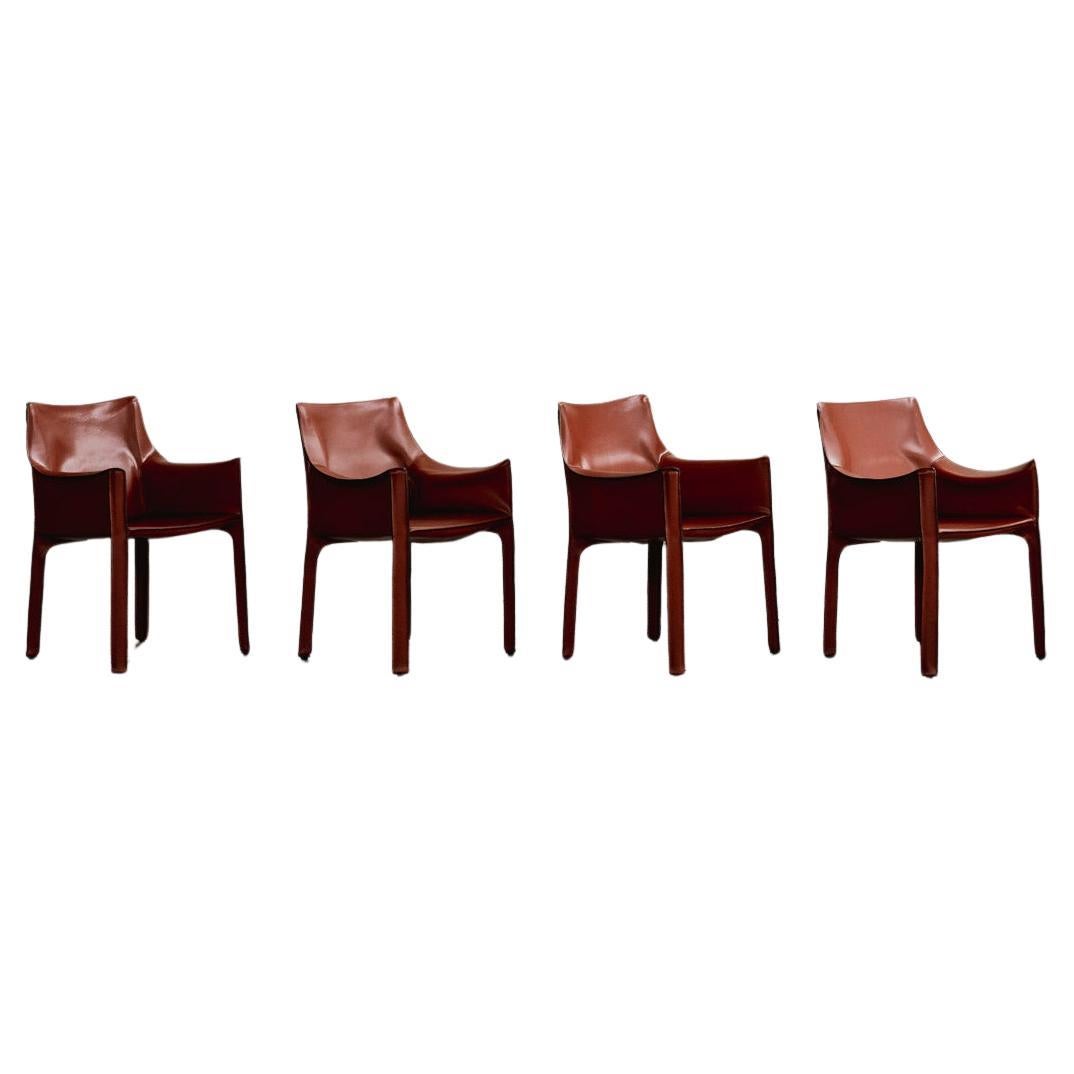 Mario Bellini “CAB 413” Chairs for Cassina, China Red Leather, 1977, Set of 4