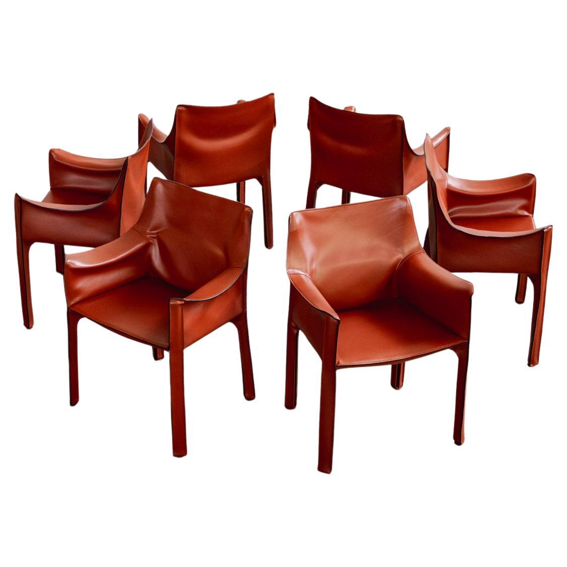 Mario Bellini “CAB 413” Chairs for Cassina, China Red Leather, 1977, Set of 6