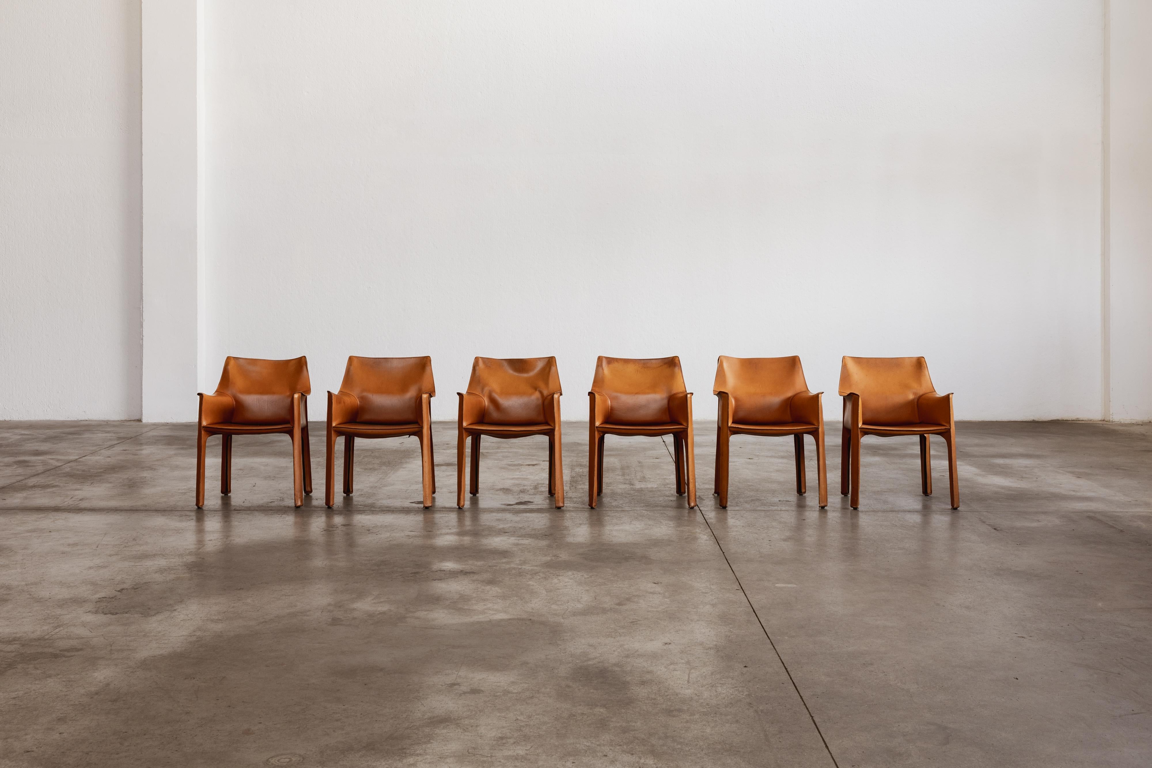 Italian Mario Bellini “CAB 413” Chairs for Cassina, Cognac Leather, 1977, Set of 6 For Sale