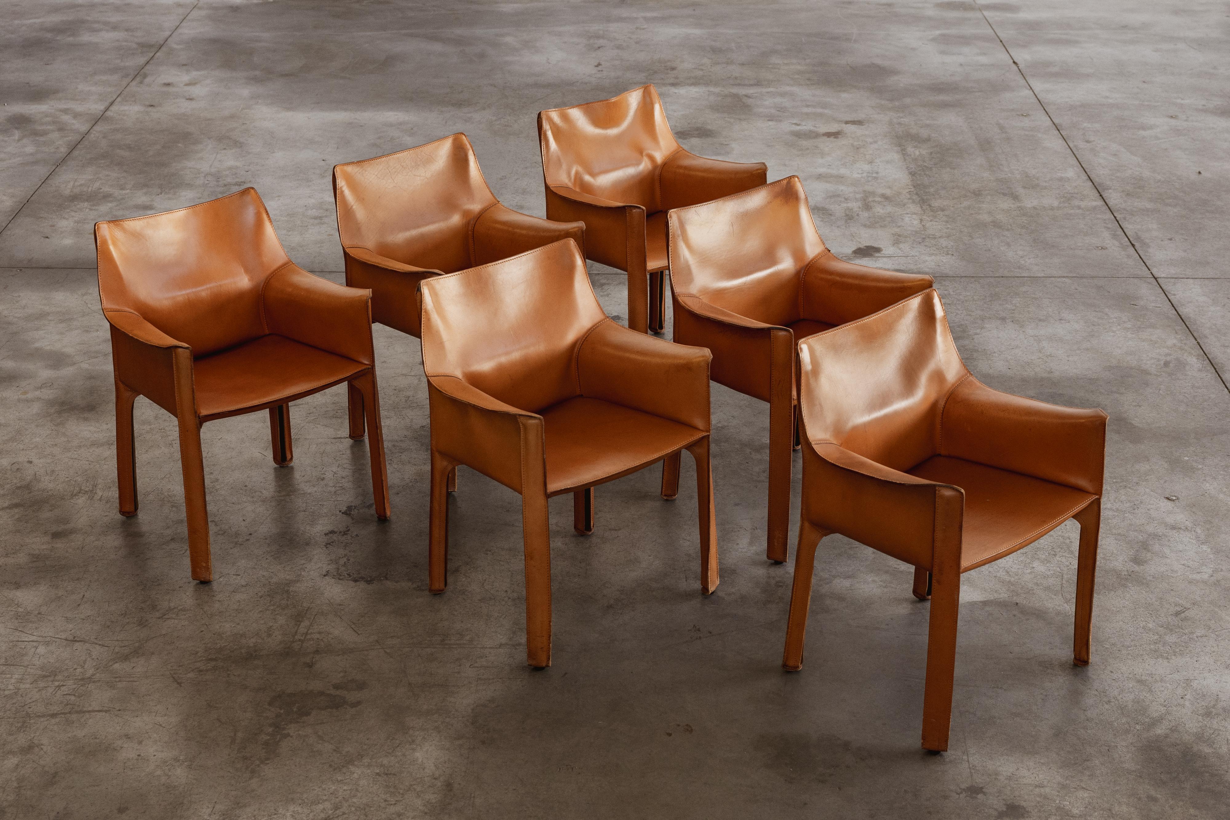 Mario Bellini “CAB 413” Chairs for Cassina, Cognac Leather, 1977, Set of 6 In Good Condition For Sale In Lonigo, Veneto