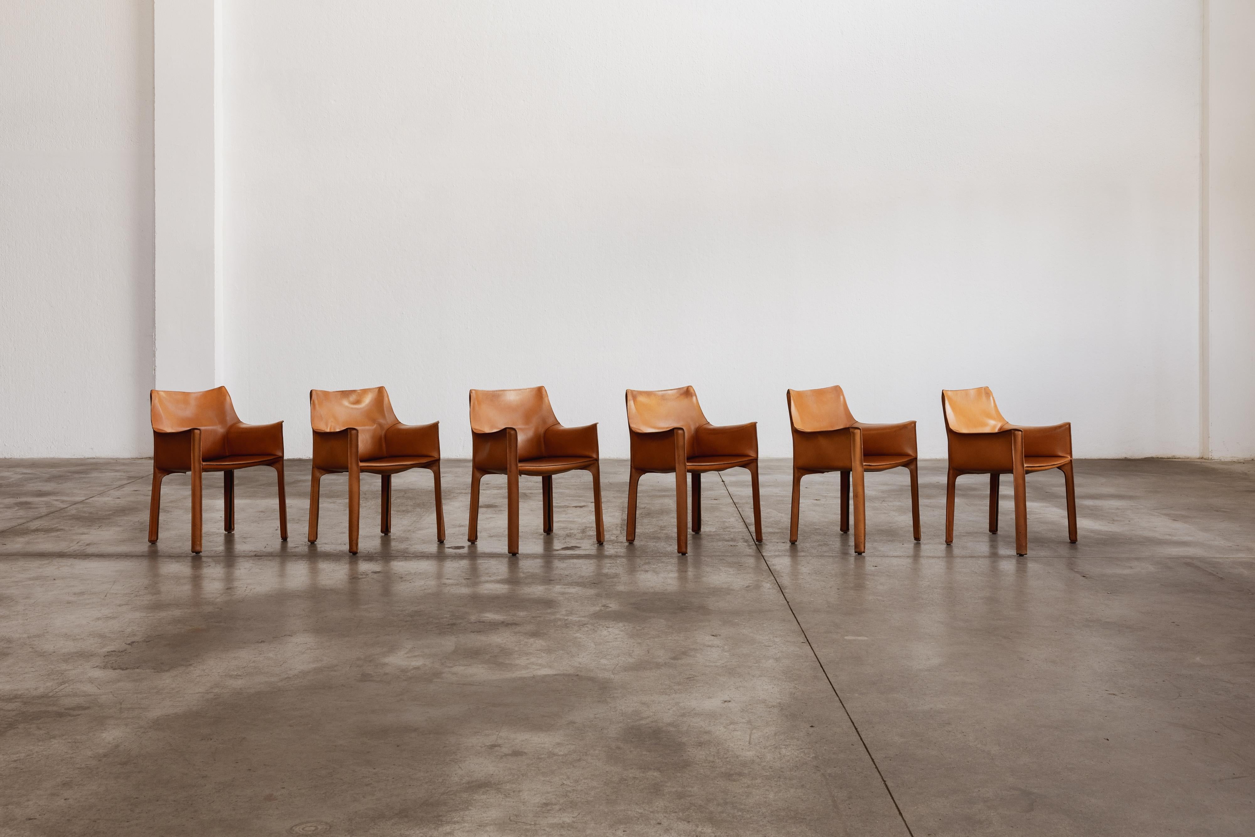 Late 20th Century Mario Bellini “CAB 413” Chairs for Cassina, Cognac Leather, 1977, Set of 6 For Sale