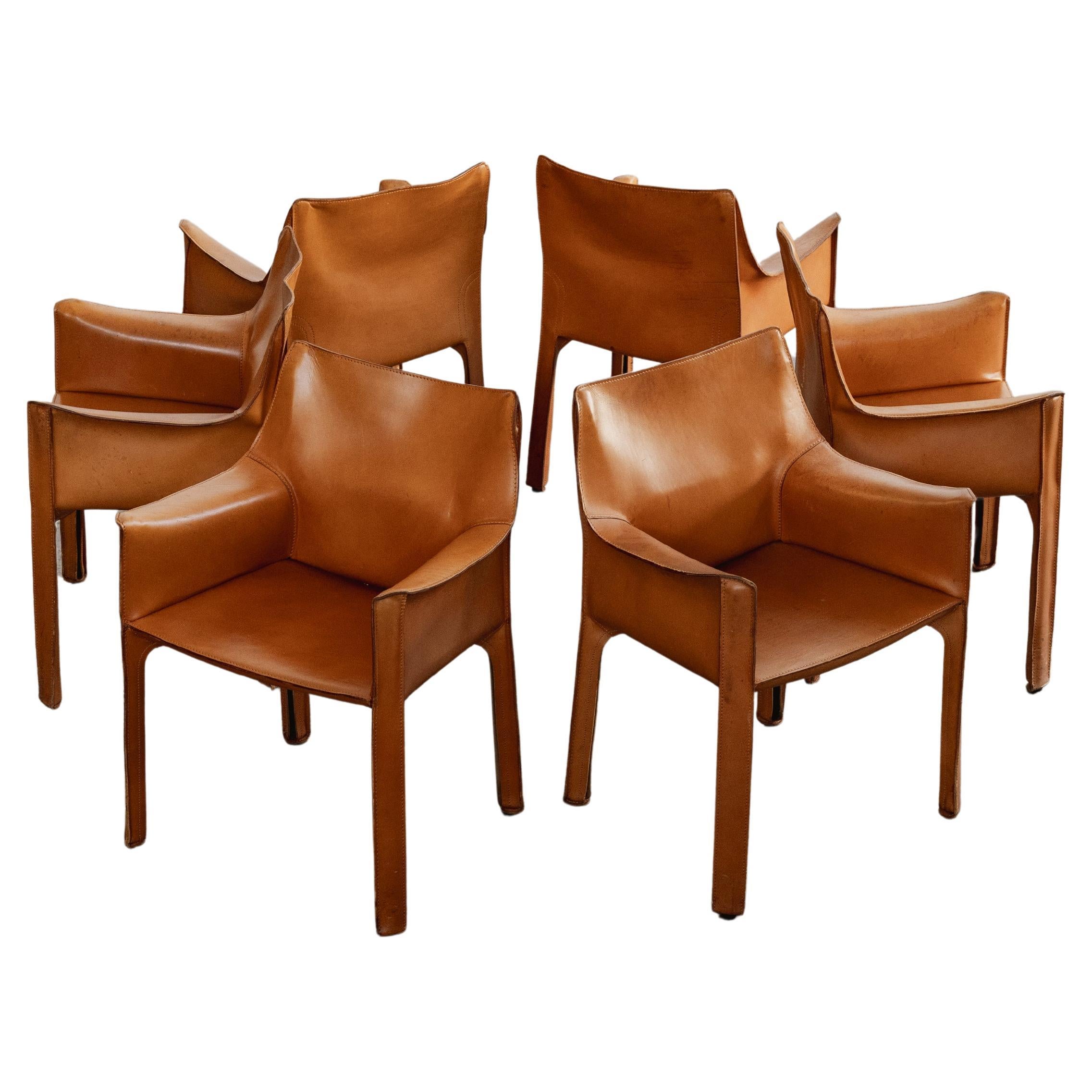 Chaises "CAB 413" de Mario Bellini pour Cassina, cuir cognac, 1977, ensemble de 6 pièces