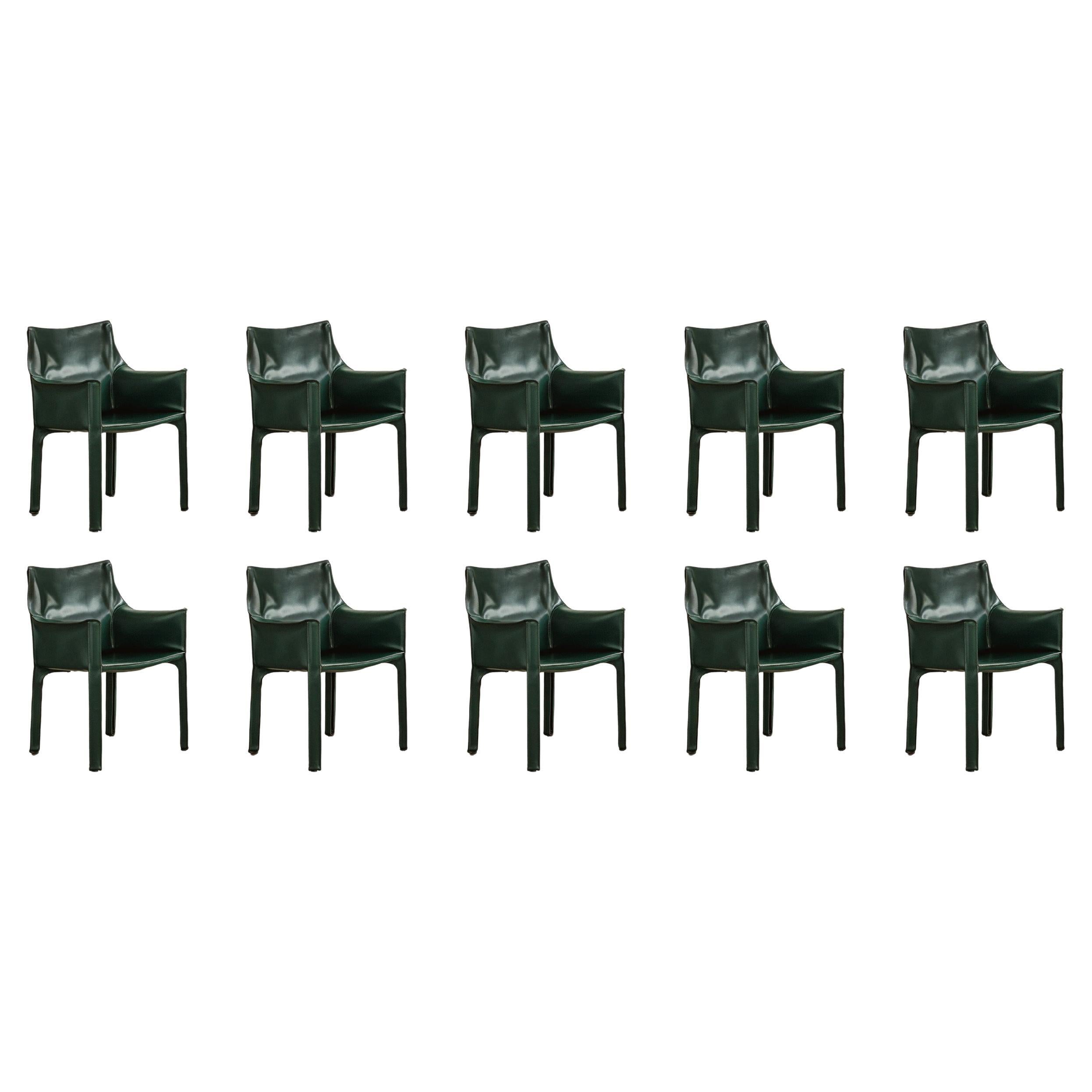 Mario Bellini "CAB 413” Chairs for Cassina, Dark Green Leather, 1977, Set of 10