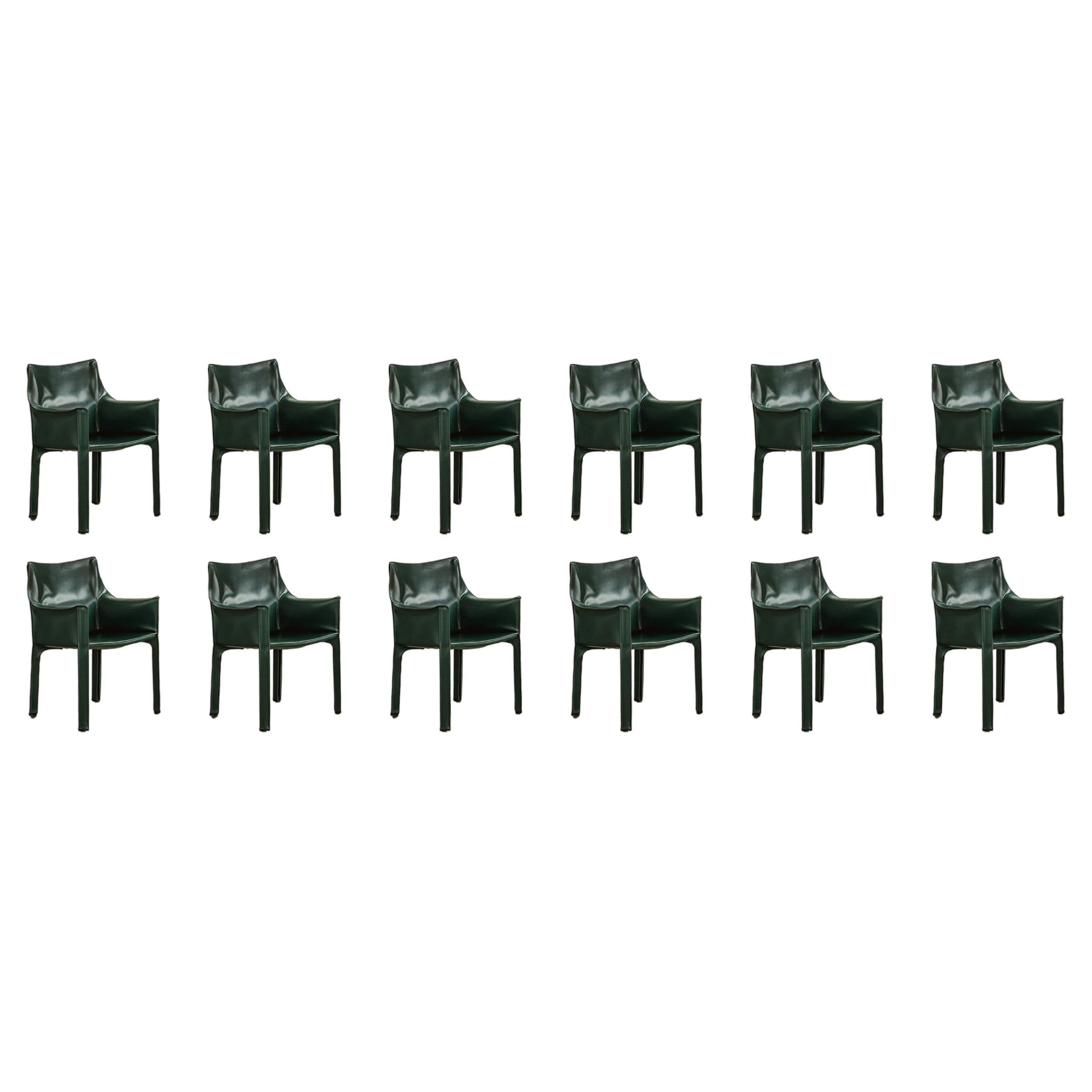 Sedie "CAB 413" di Mario Bellini per Cassina, in pelle verde scuro, 1977, Set di 12