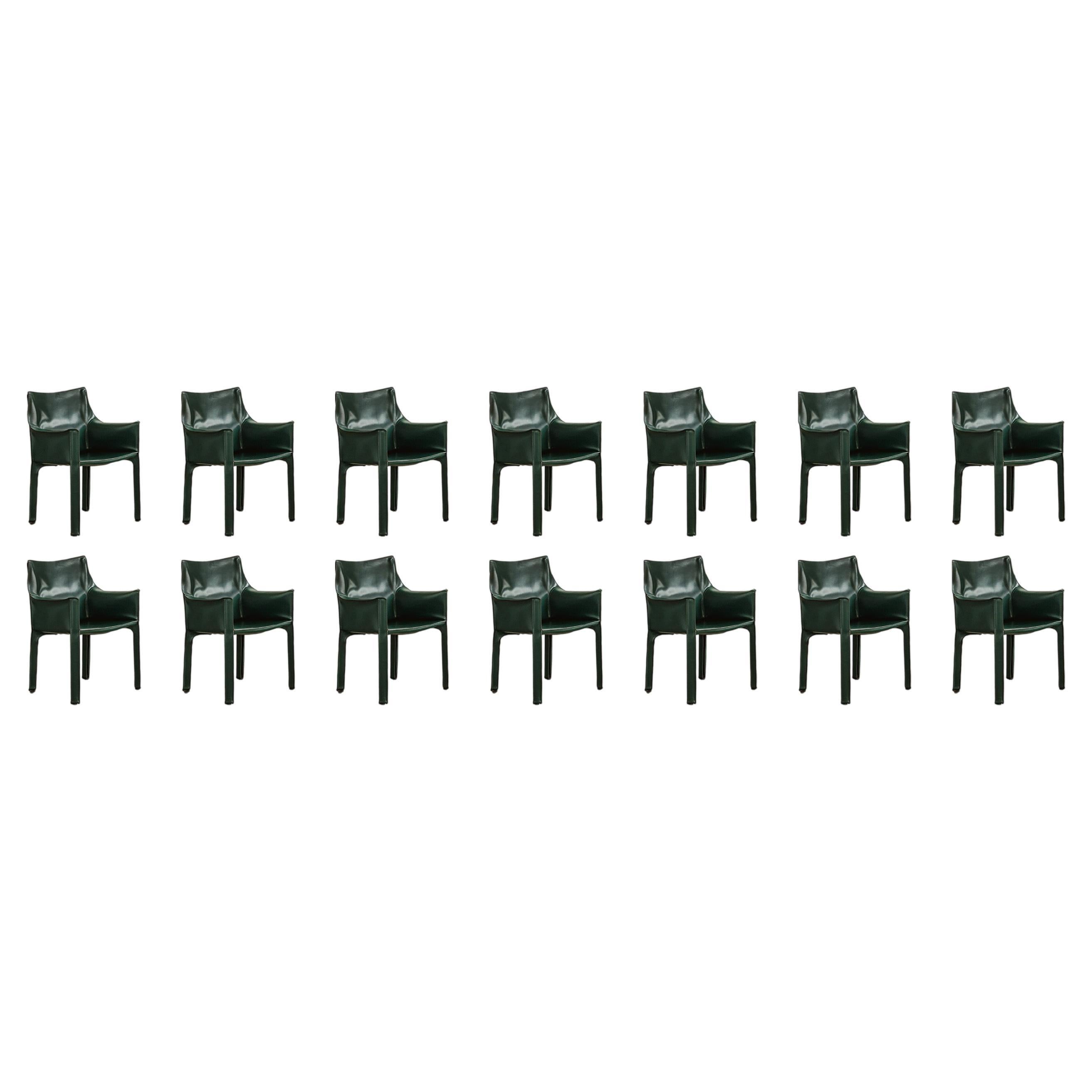 Mario Bellini "CAB 413” Chairs for Cassina, Dark Green Leather, 1977, Set of 14