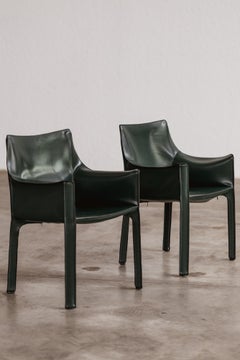 Mario Bellini "CAB 413” Chairs for Cassina, Dark Green Leather, 1977, Set of 2