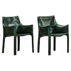 Mario Bellini "CAB 413” Chairs for Cassina, Dark Green Leather, 1977, Set of 2
