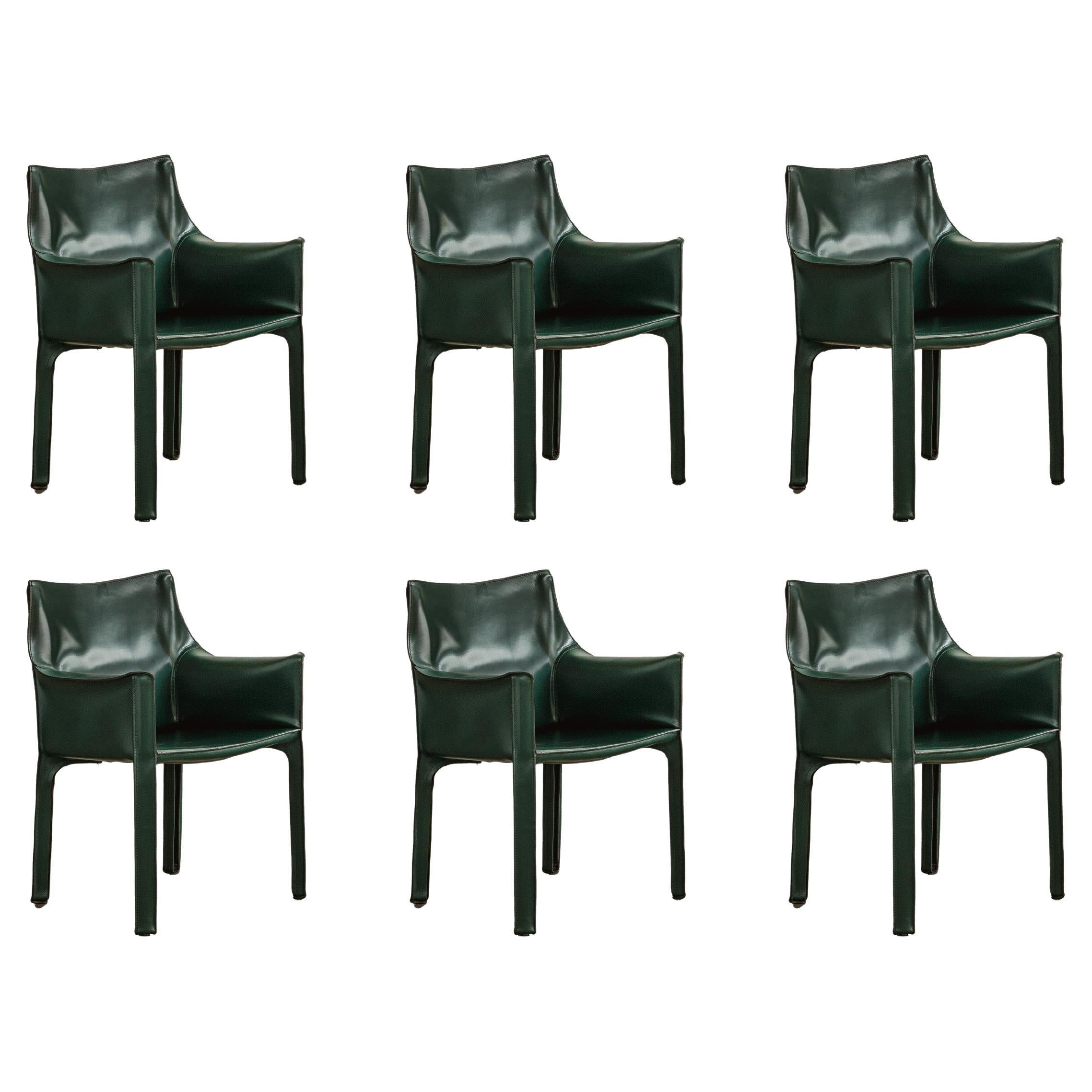 Mario Bellini "CAB 413” Chairs for Cassina, Dark Green Leather, 1977, Set of 6