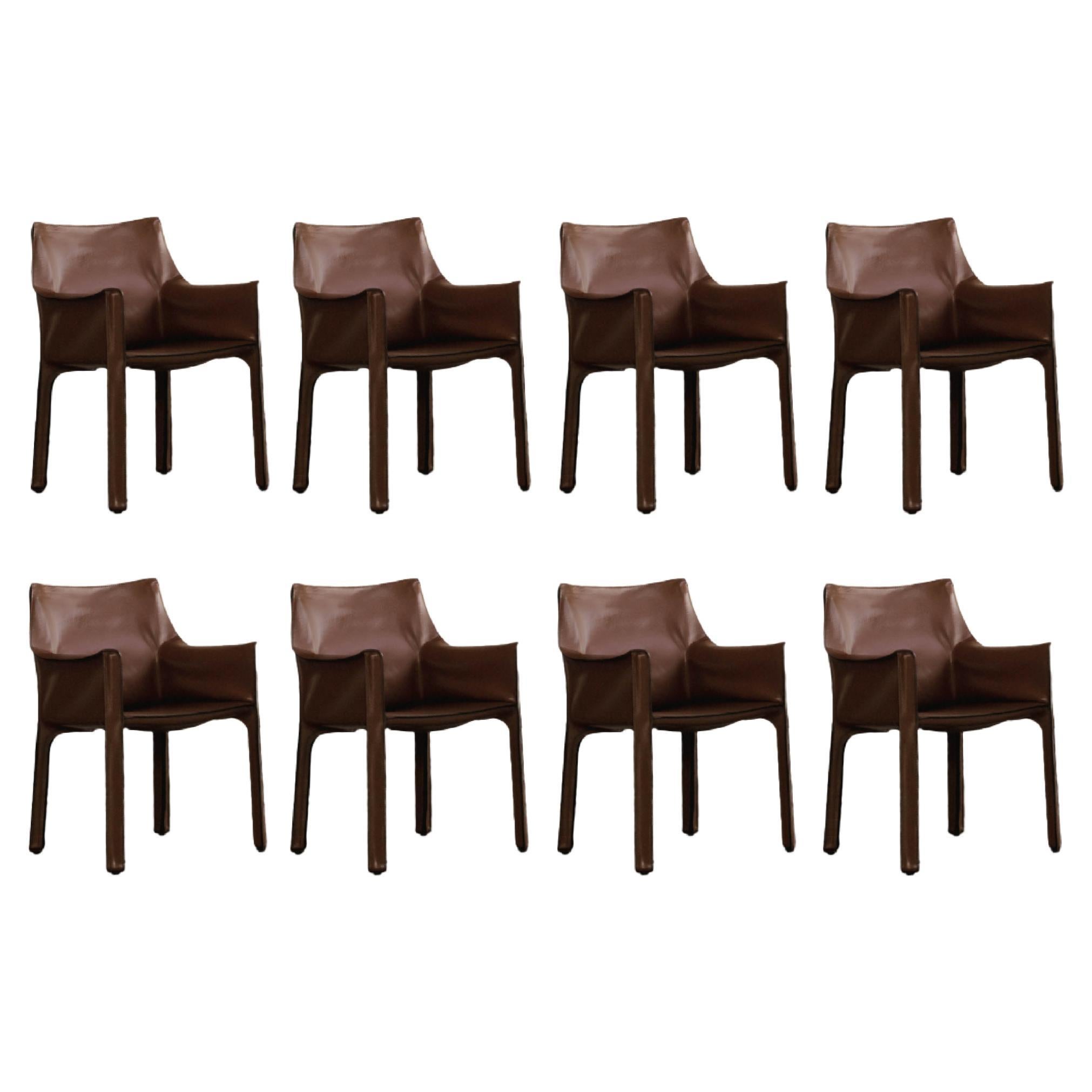 Mario Bellini "CAB 413” Chairs for Cassina, Hazelnut Leather, 1977, Set of 8