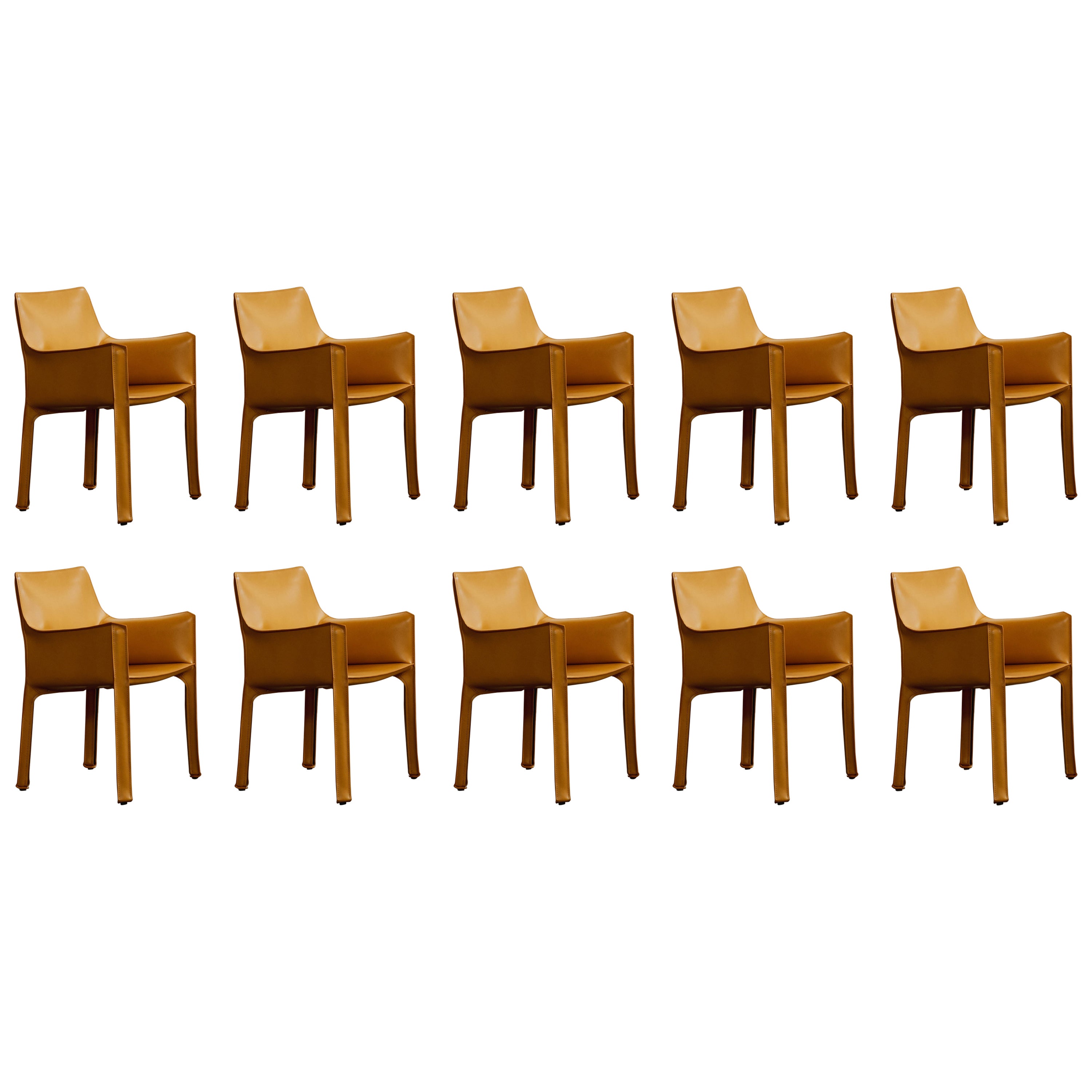 Mario Bellini pour Cassina, ensemble de 10 chaises CAB 413 en cuir moutarde, 1977