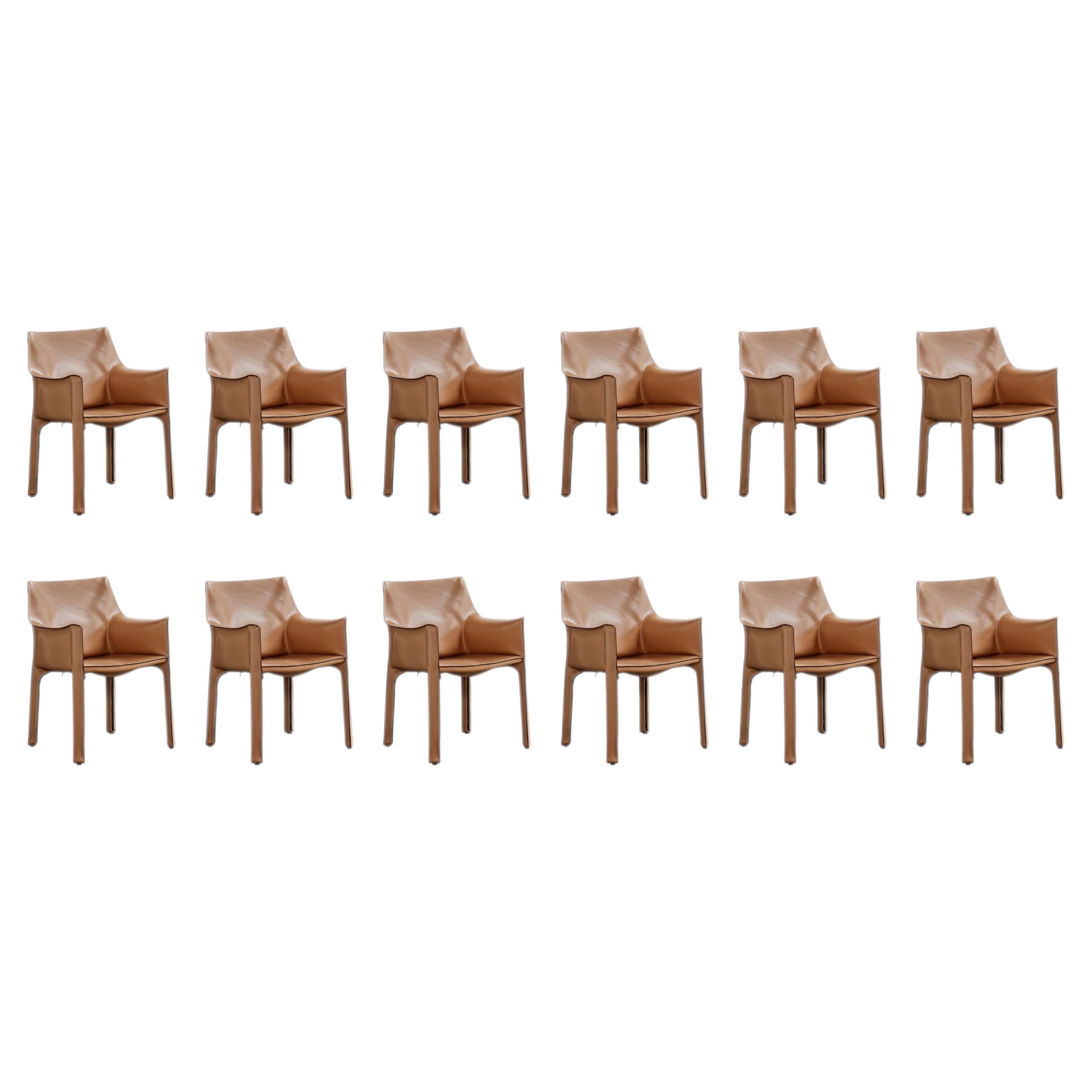 Pre-owned Mario Bellini "cab 413� Chairs For Cassina, Natural Leather, 1977, Set Of 12 In Brown