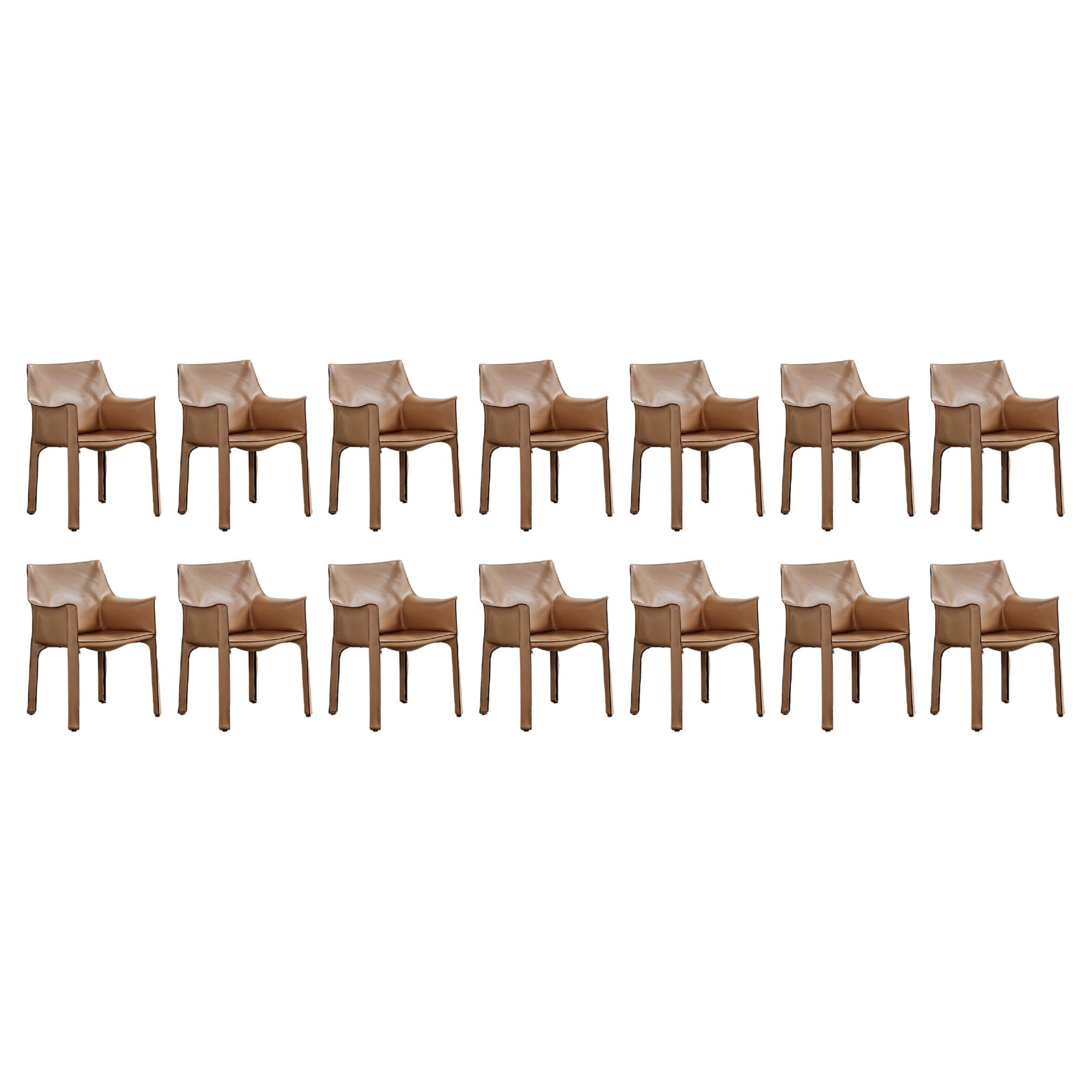 Mario Bellini "CAB 413” Chairs for Cassina, Natural Leather, 1977, Set of 14