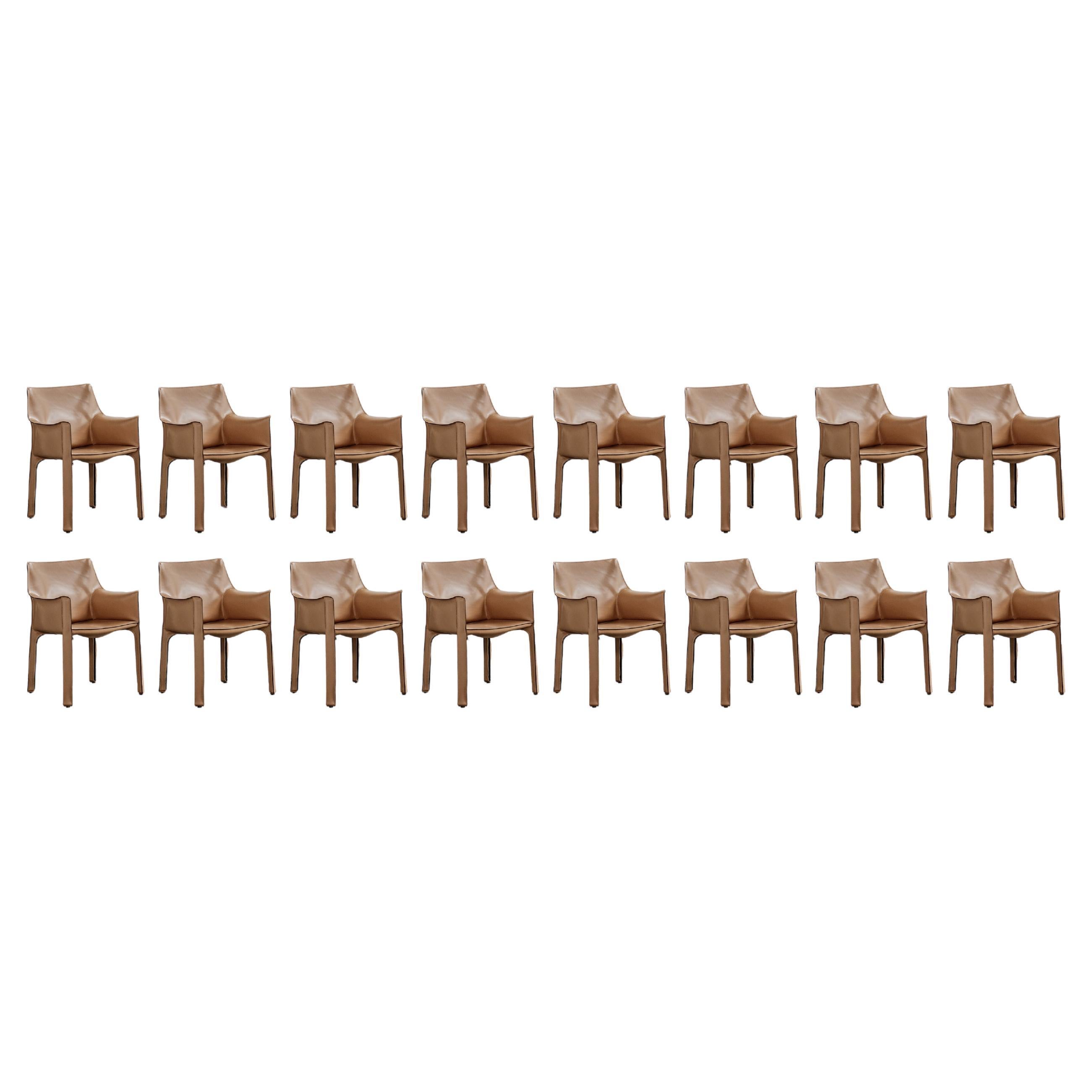 Mario Bellini "CAB 413” Chairs for Cassina, Natural Leather, 1977, Set of 16
