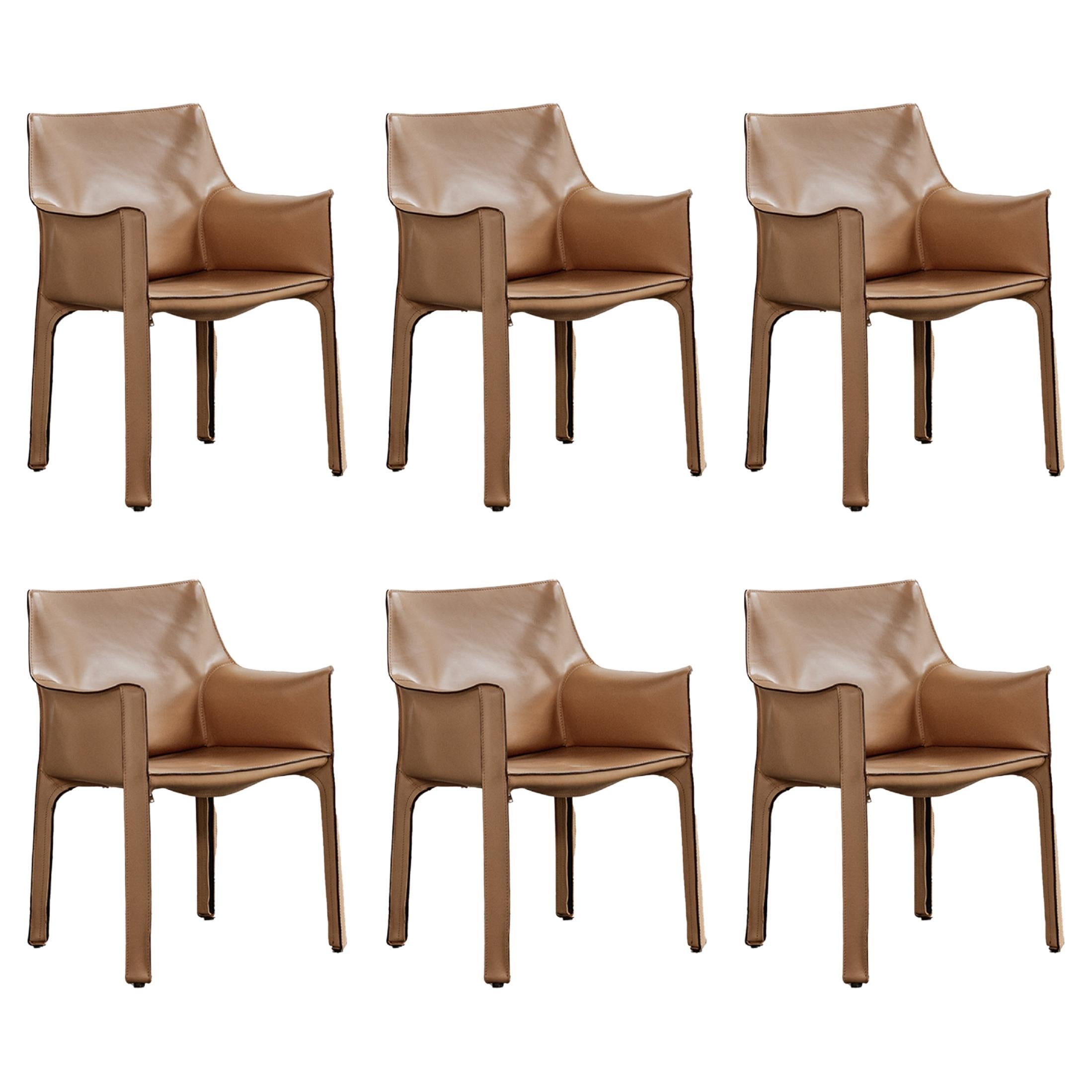 Sillas "CAB 413" de Mario Bellini para Cassina, cuero natural, 1977, juego de 6