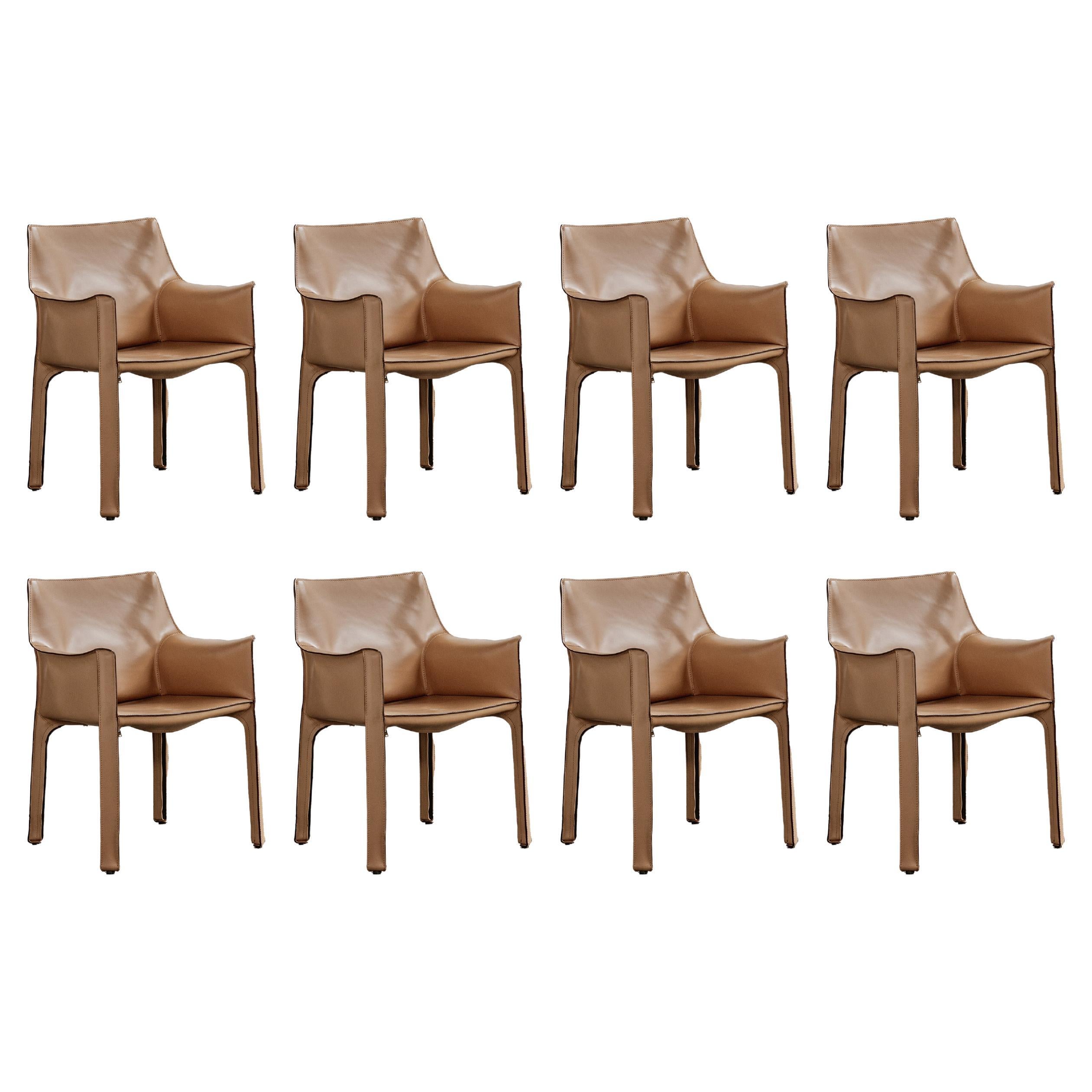 Mario Bellini "CAB 413” Chairs for Cassina, Natural Leather, 1977, Set of 8