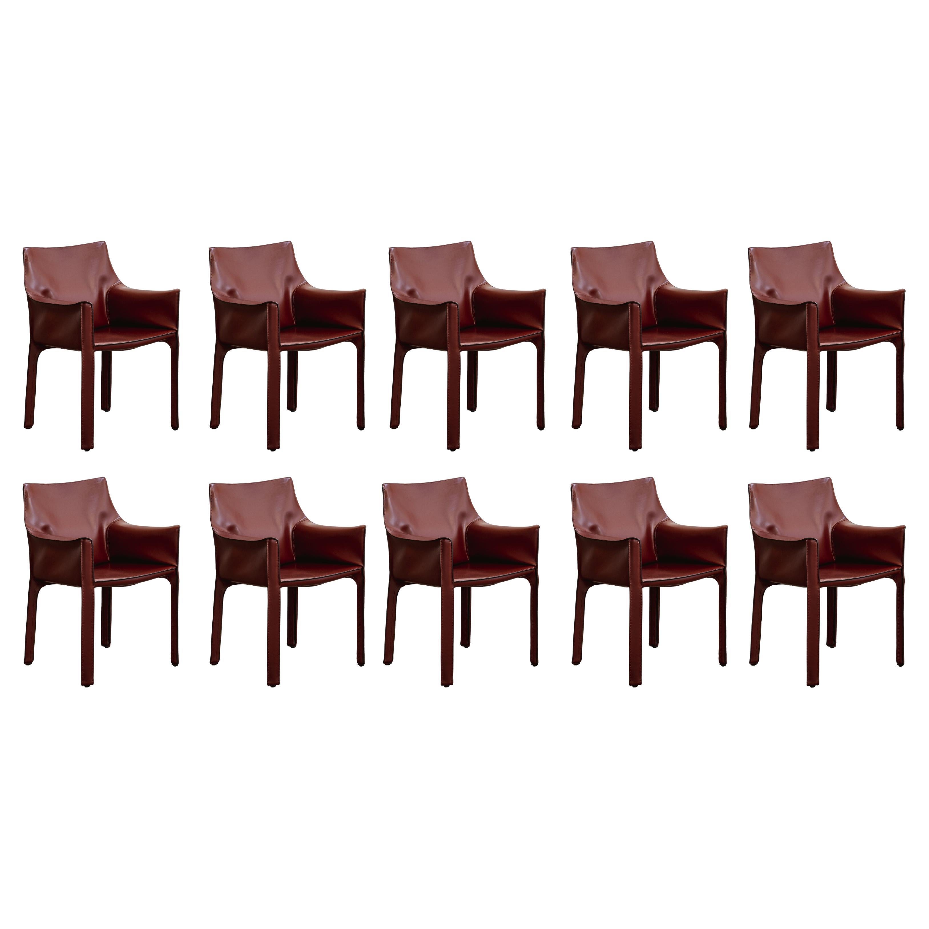 Mario Bellini "CAB 413" per Cassina, pelle rossa russa, 1977, set di 10 sedie