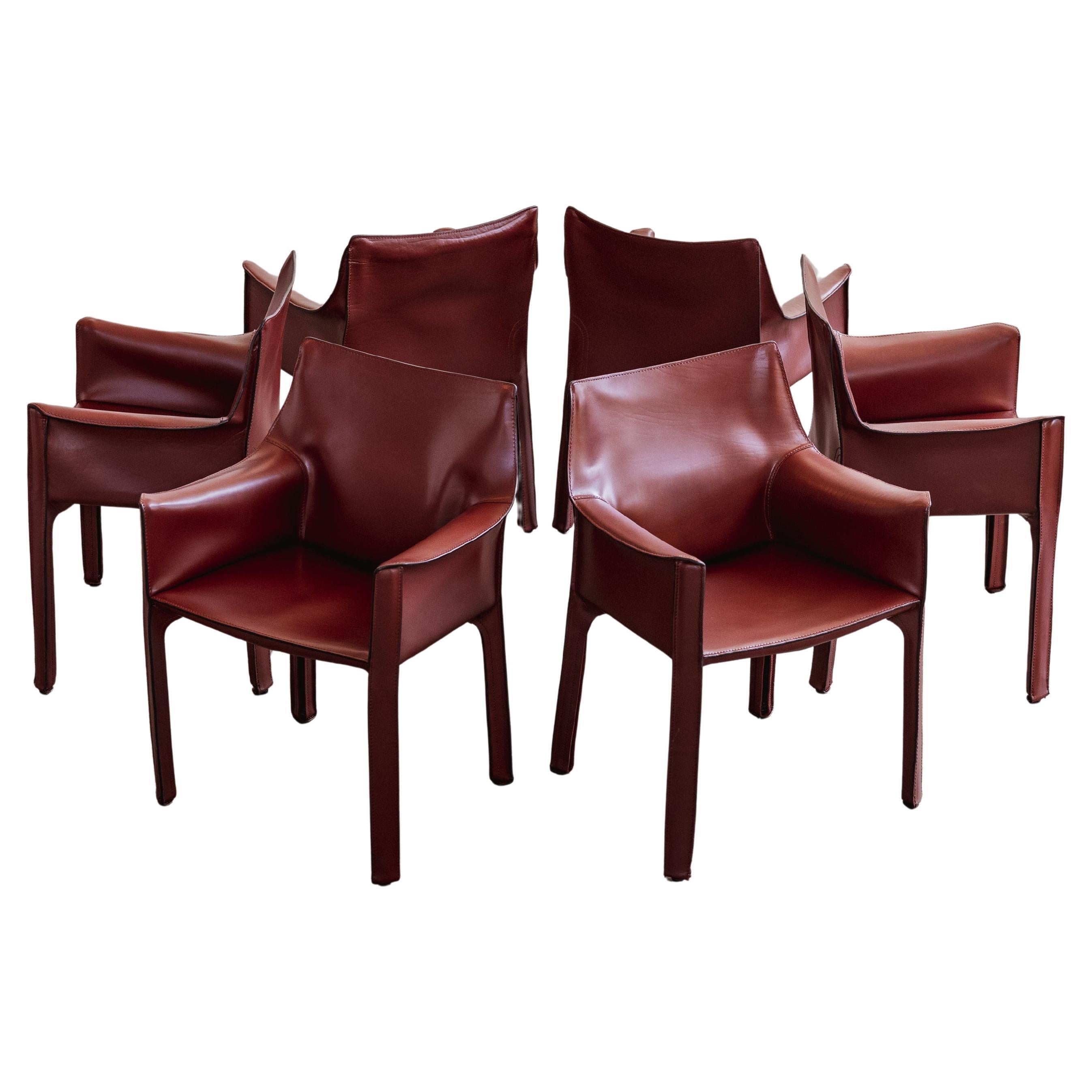 Mario Bellini “CAB 413” Chairs for Cassina, Russian Red Leather, 1977, Set of 6 en vente
