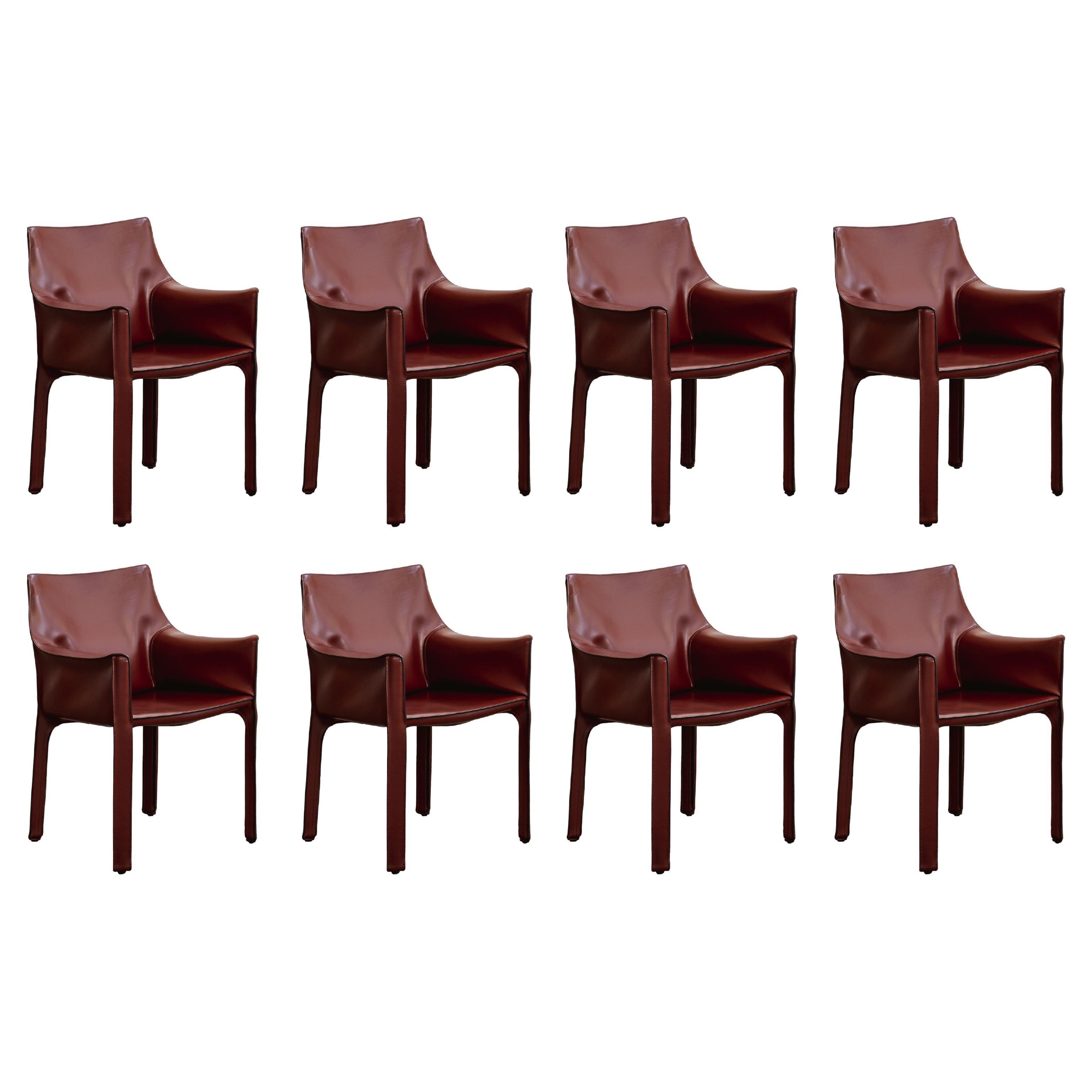 Mario Bellini "CAB 413" per Cassina, pelle rossa russa, 1977, set di 8 sedie