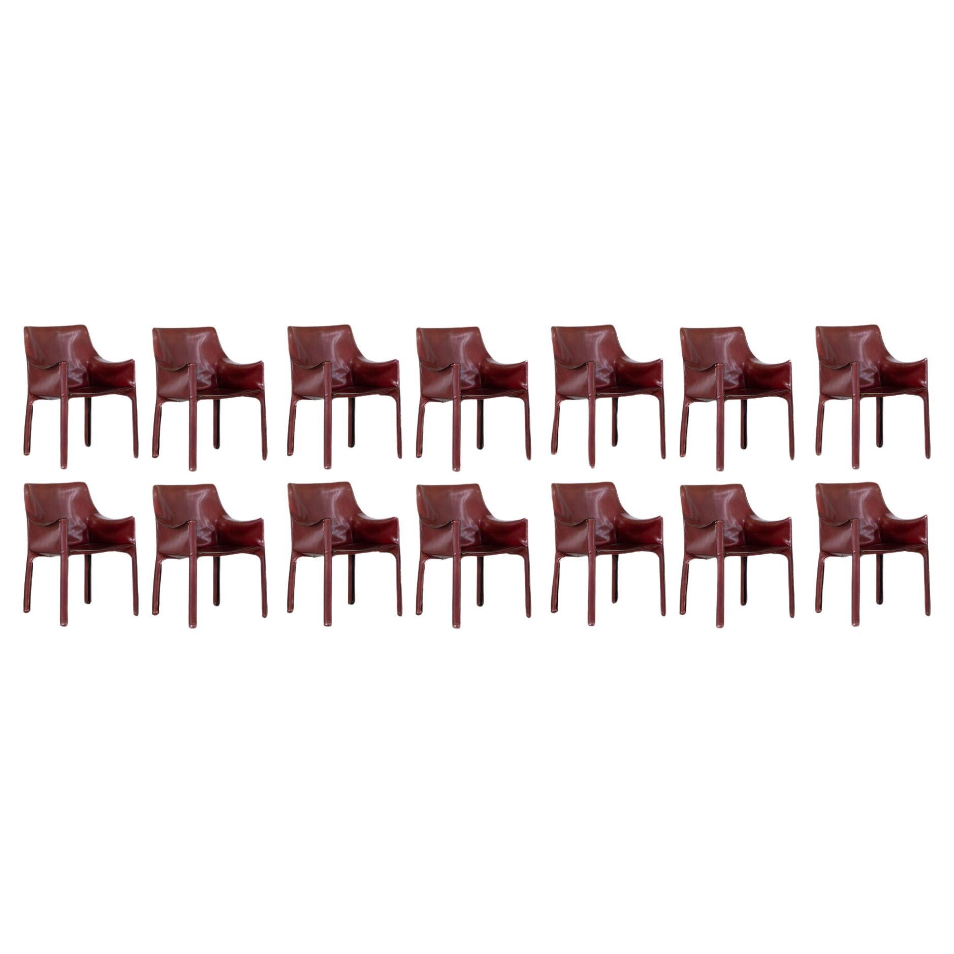 Mario Bellini "CAB 413” Chairs for Cassina, Bordeaux Leather, 1977, Set of 14