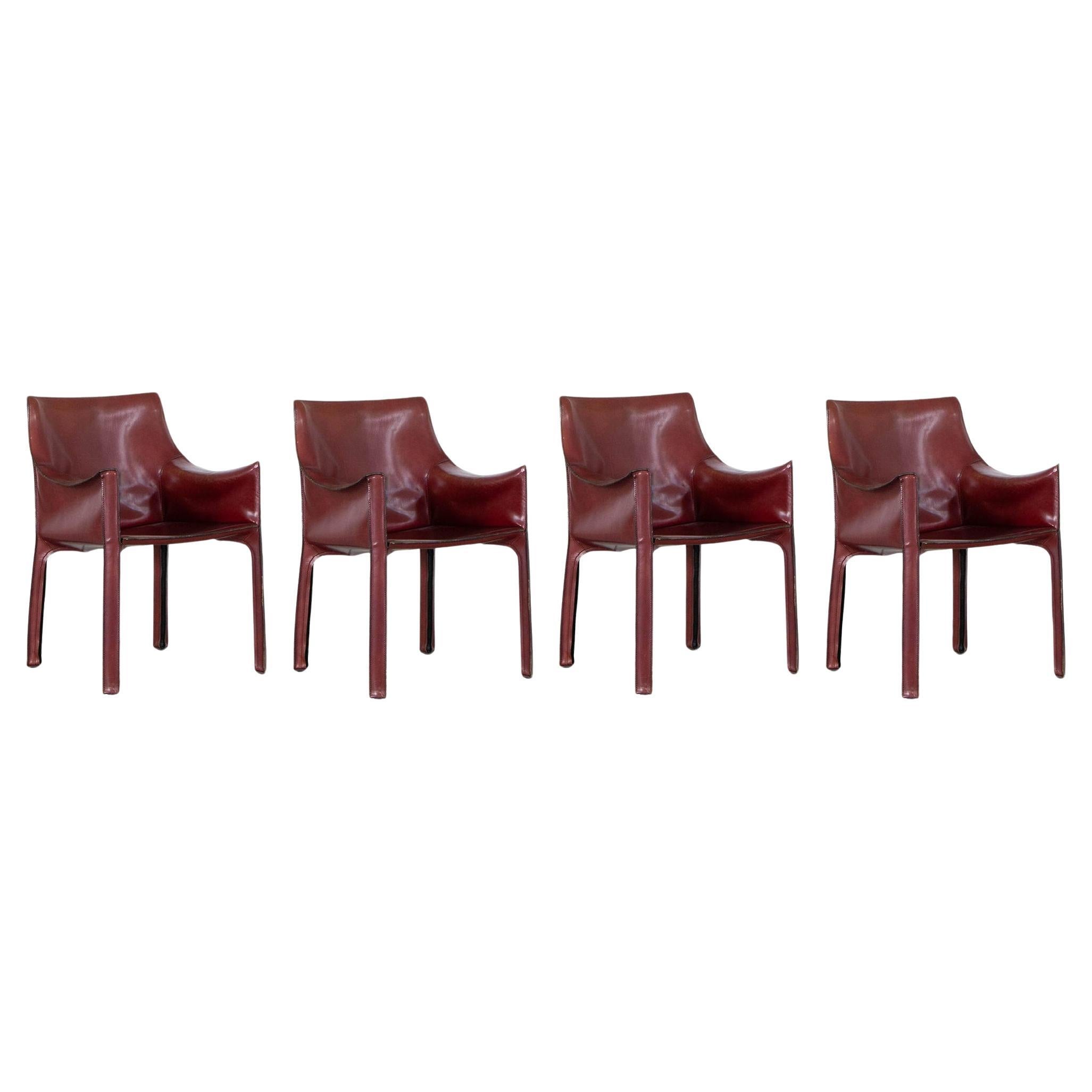 Mario Bellini "CAB 413” Chairs for Cassina, Bordeaux Leather, 1977, Set of 4