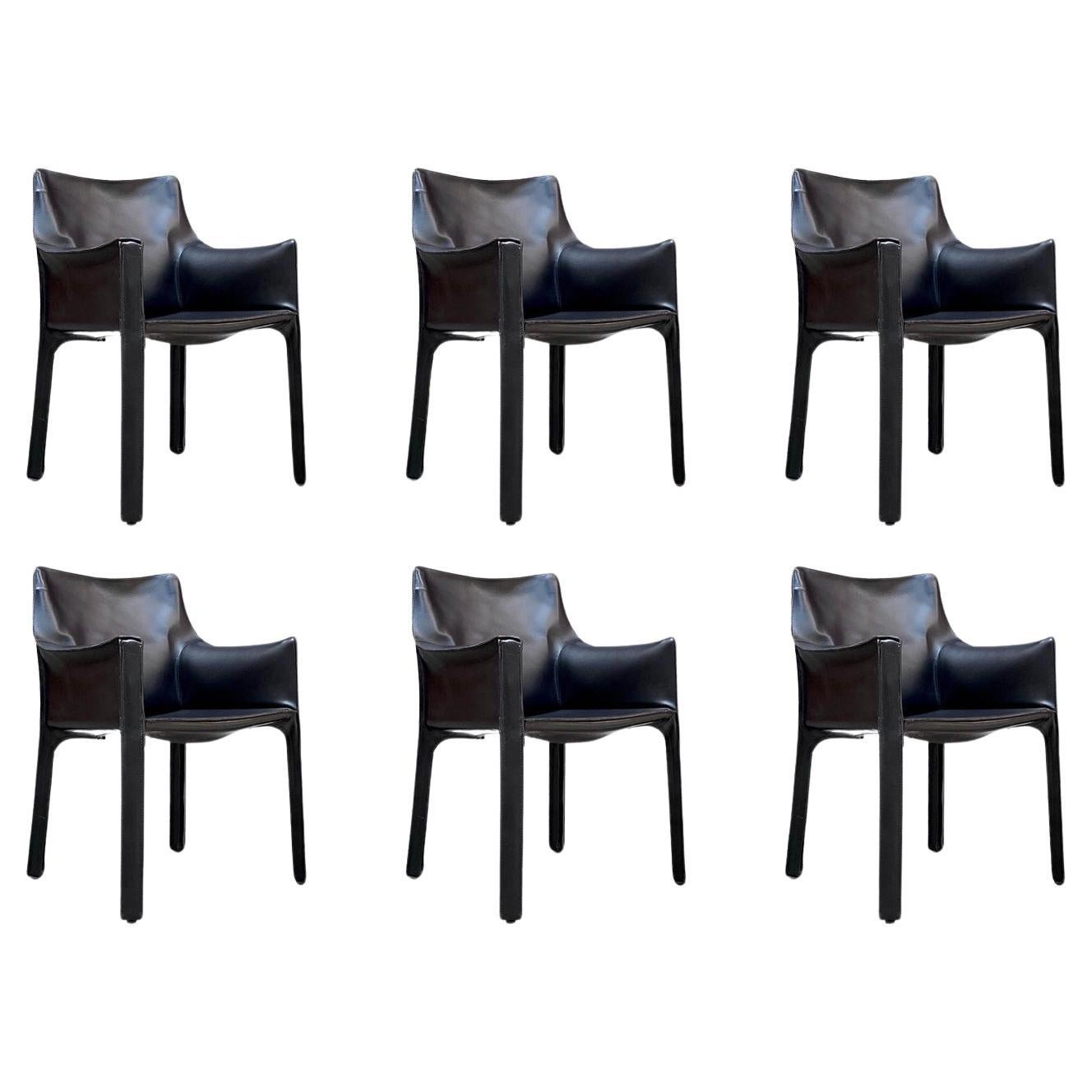 Mario Bellini "CAB 413" Chairs for Cassina, Black Leather, 1977, Set of 6