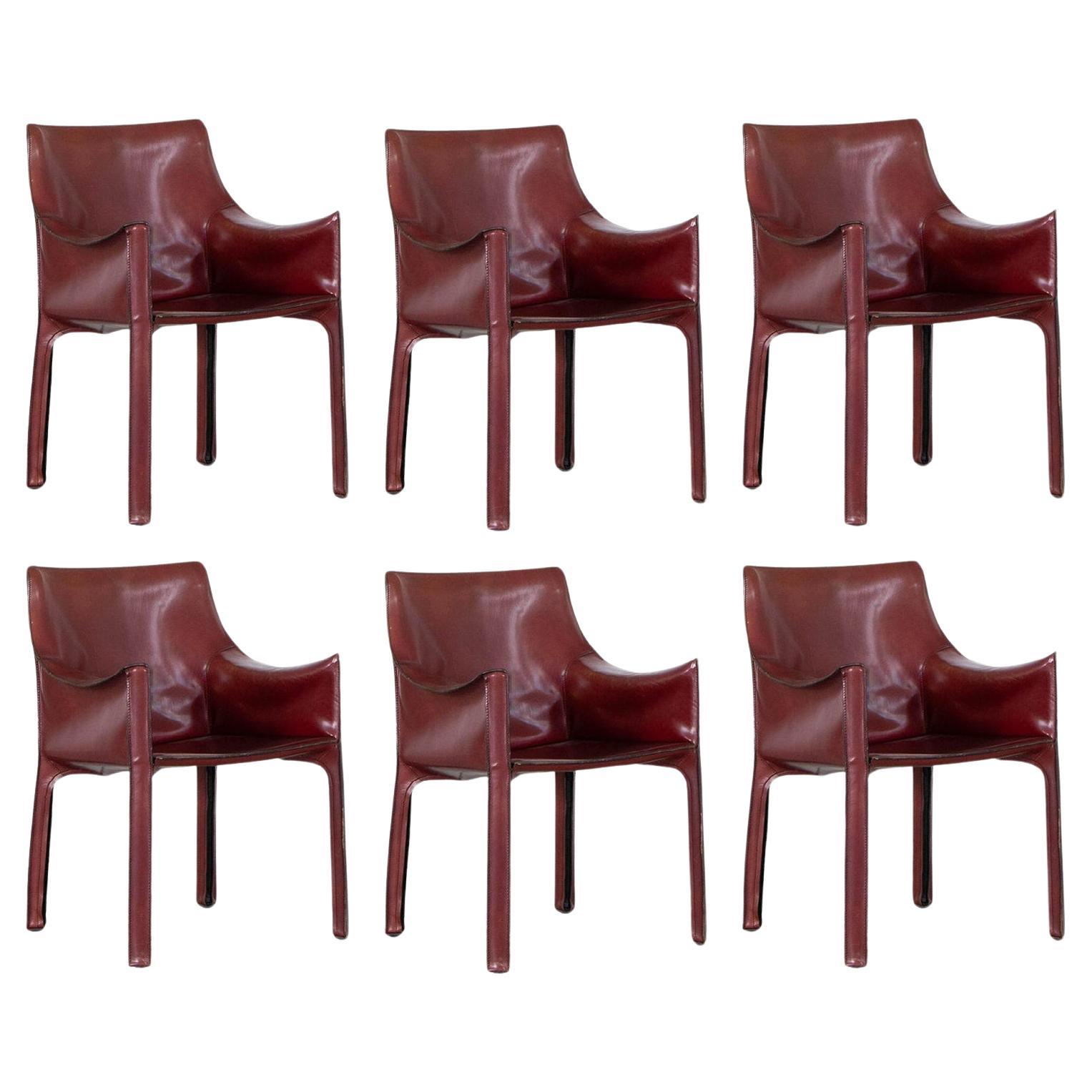 Mario Bellini "CAB 413” Chairs for Cassina, Bordeaux Leather, 1977, Set of 6