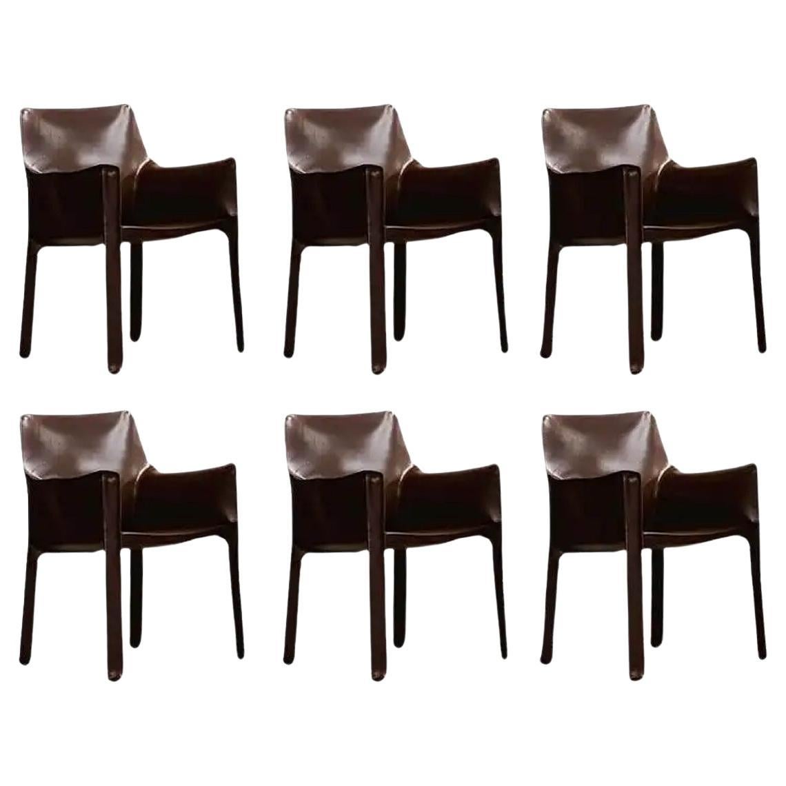 Mario Bellini "CAB 413" per Cassina, pelle di tabacco, 1977, set di 6 sedie