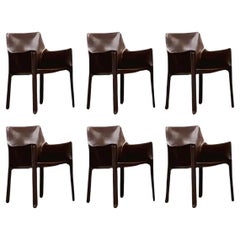 Mario Bellini "CAB 413" per Cassina, pelle di tabacco, 1977, set di 6 sedie