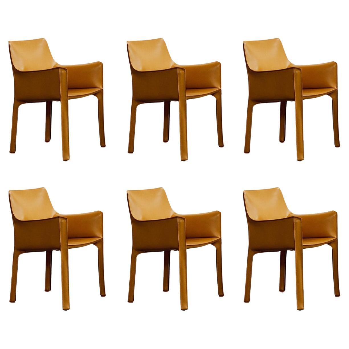 Mario Bellini "CAB 413” Chairs for Cassina, Mustard Leather, 1977, Set of 6