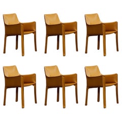 Mario Bellini "CAB 413 Stühle für Cassina, senffarbenes Leder, 1977, 6-teilig