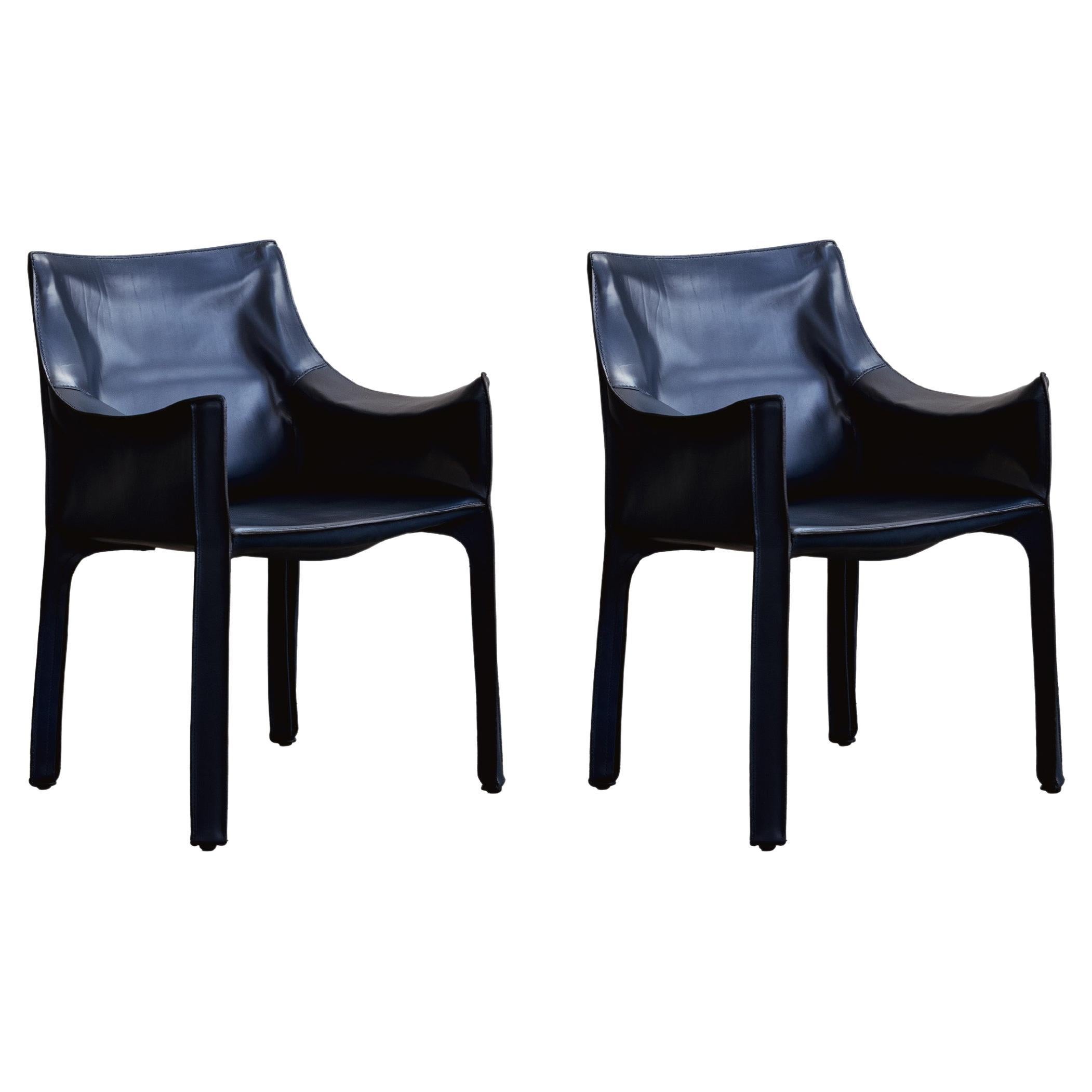 Chaises de salle à manger "CAB 413" de Mario Bellini pour Cassina, cuir bleu, 1977, lot de 2